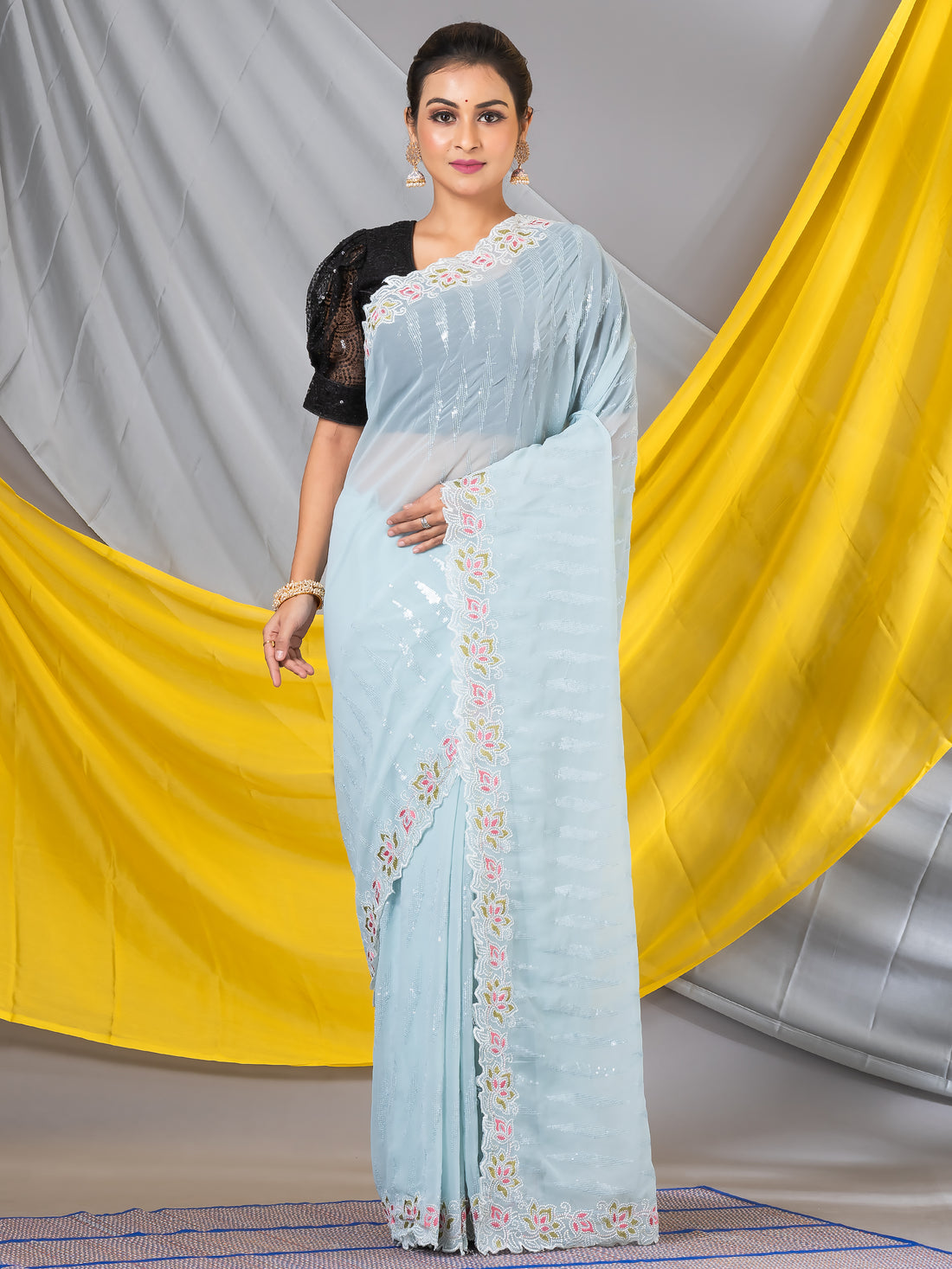 Light Teal Sequins Georgette Designer Mahalasa Saree