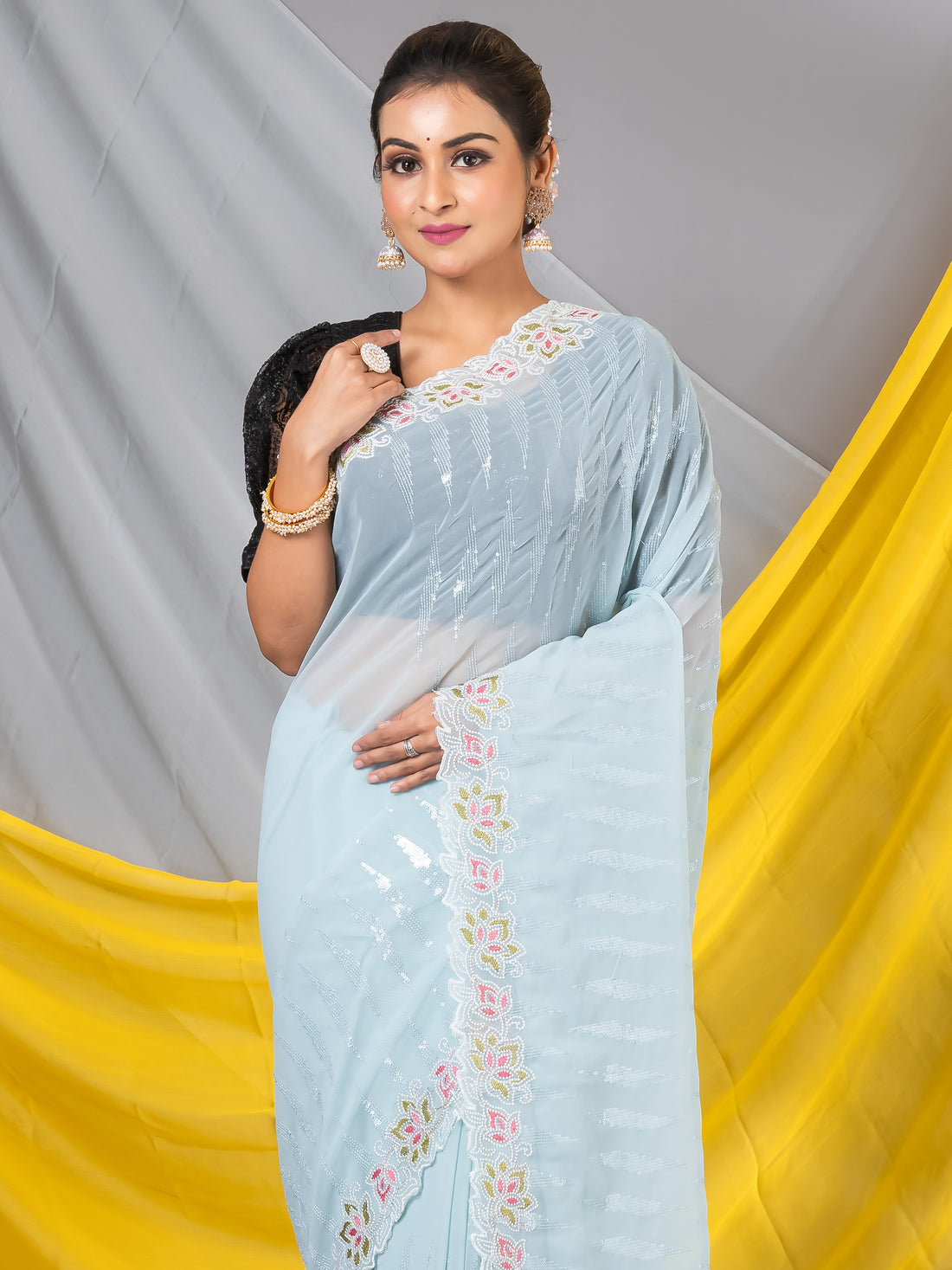 Light Teal Sequins Georgette Designer Mahalasa Saree