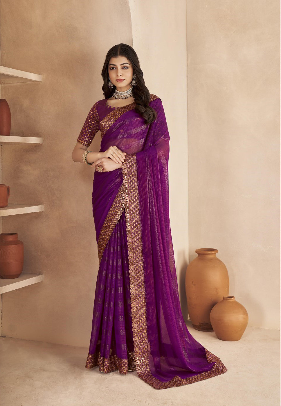 Dark Purple Party Wear Solid Chiffon Mahalasa Saree