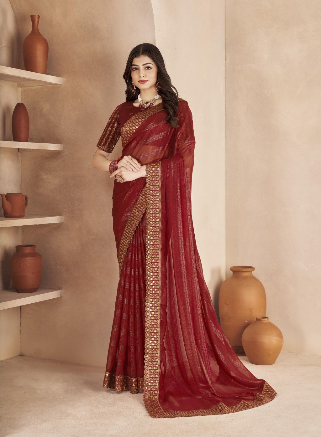 Maroon Party Wear Saree Chiffon Fabric