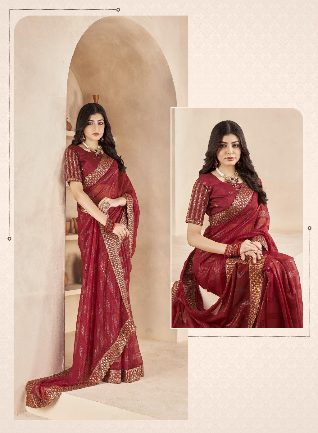 Maroon Party Wear Saree Chiffon Fabric