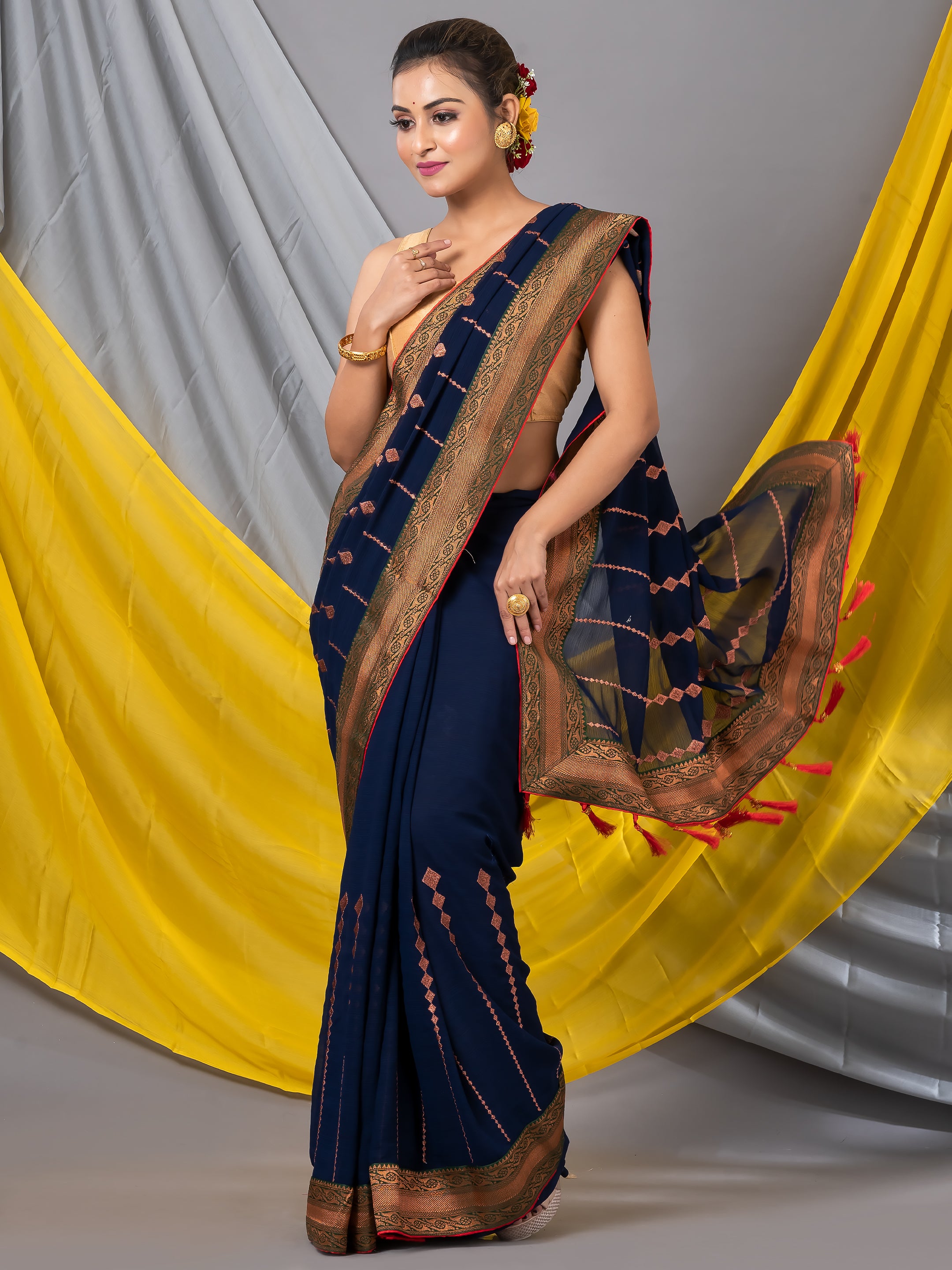 Navy Blue Georgette Emblished Designer Mahalasa Saree – House Of Mahalasa