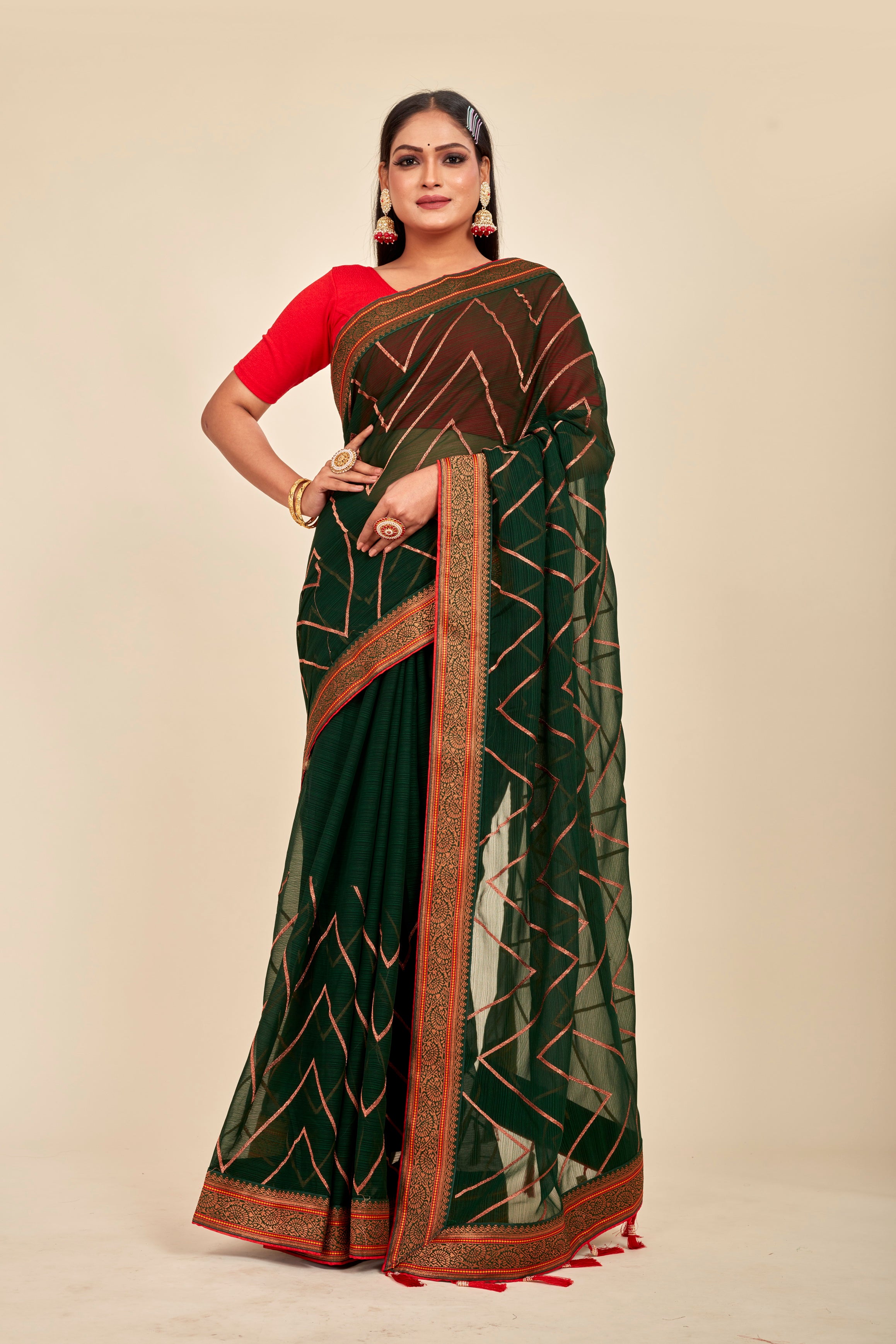 Bottle Green Georgette Festive With Zig Zag Pattern Mahalasa Saree