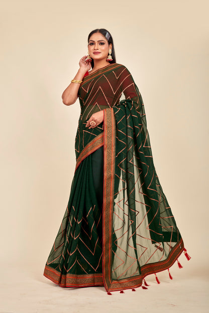 Bottle Green Georgette Festive With Zig Zag Pattern Mahalasa Saree