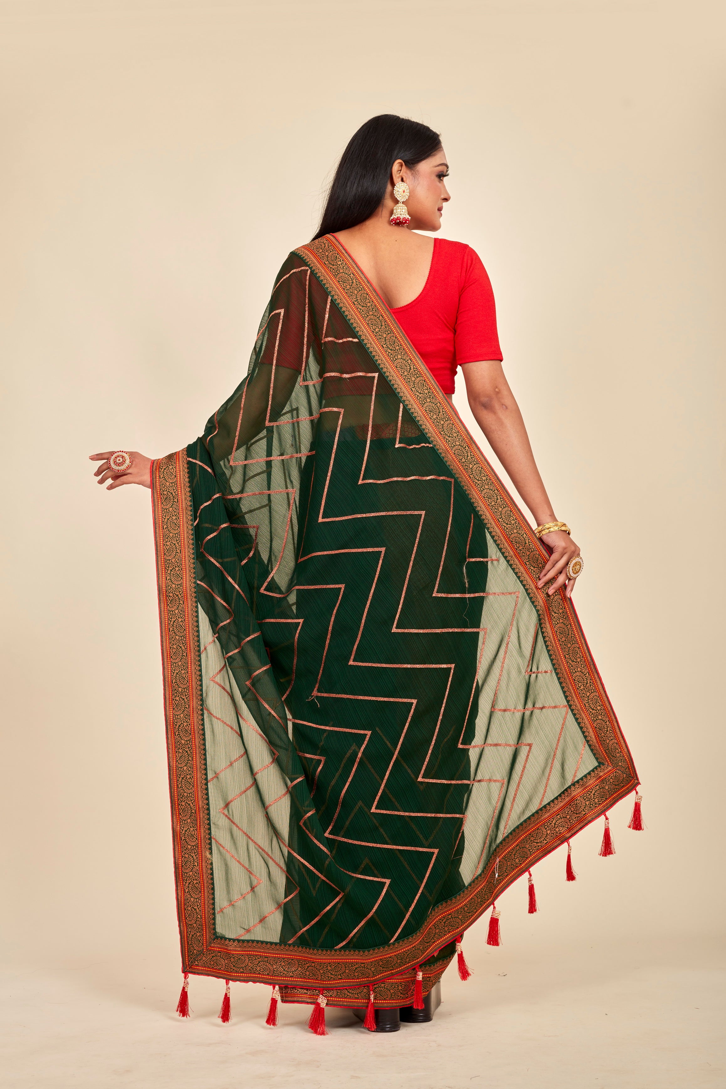 Bottle Green Georgette Festive With Zig Zag Pattern Mahalasa Saree