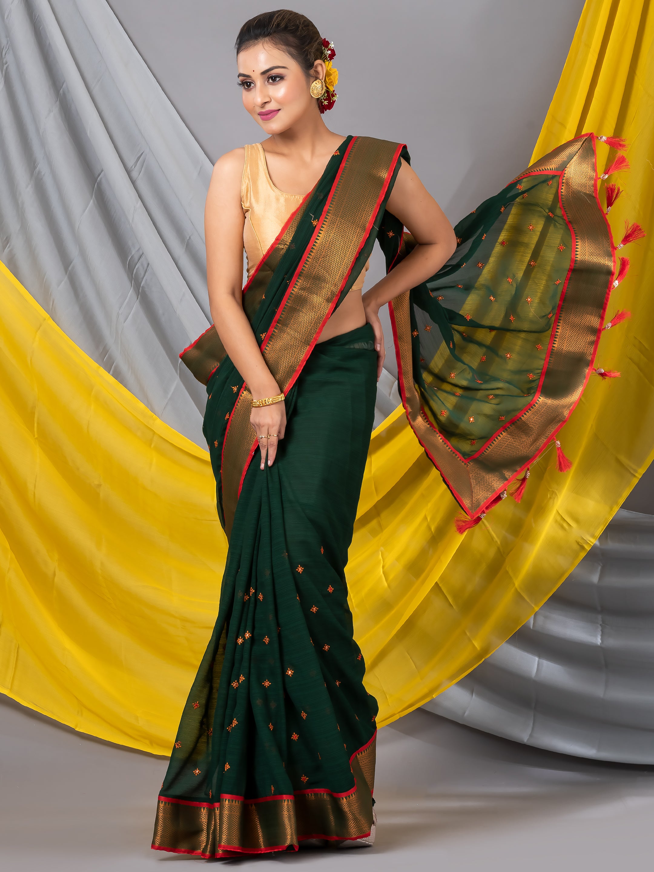 Dark Green Floral Georgette Mahalasa Saree With Fancy Border