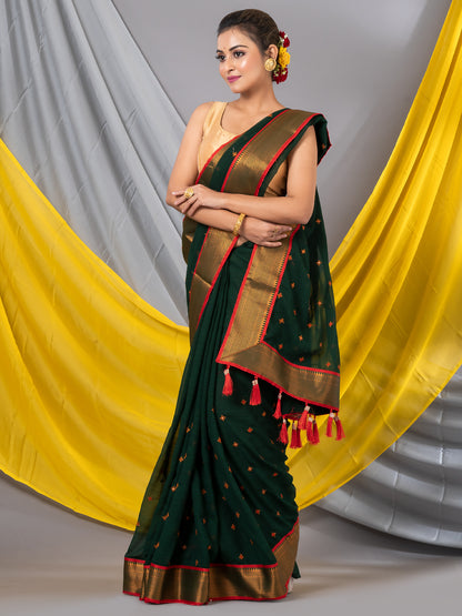 Dark Green Floral Georgette Mahalasa Saree With Fancy Border