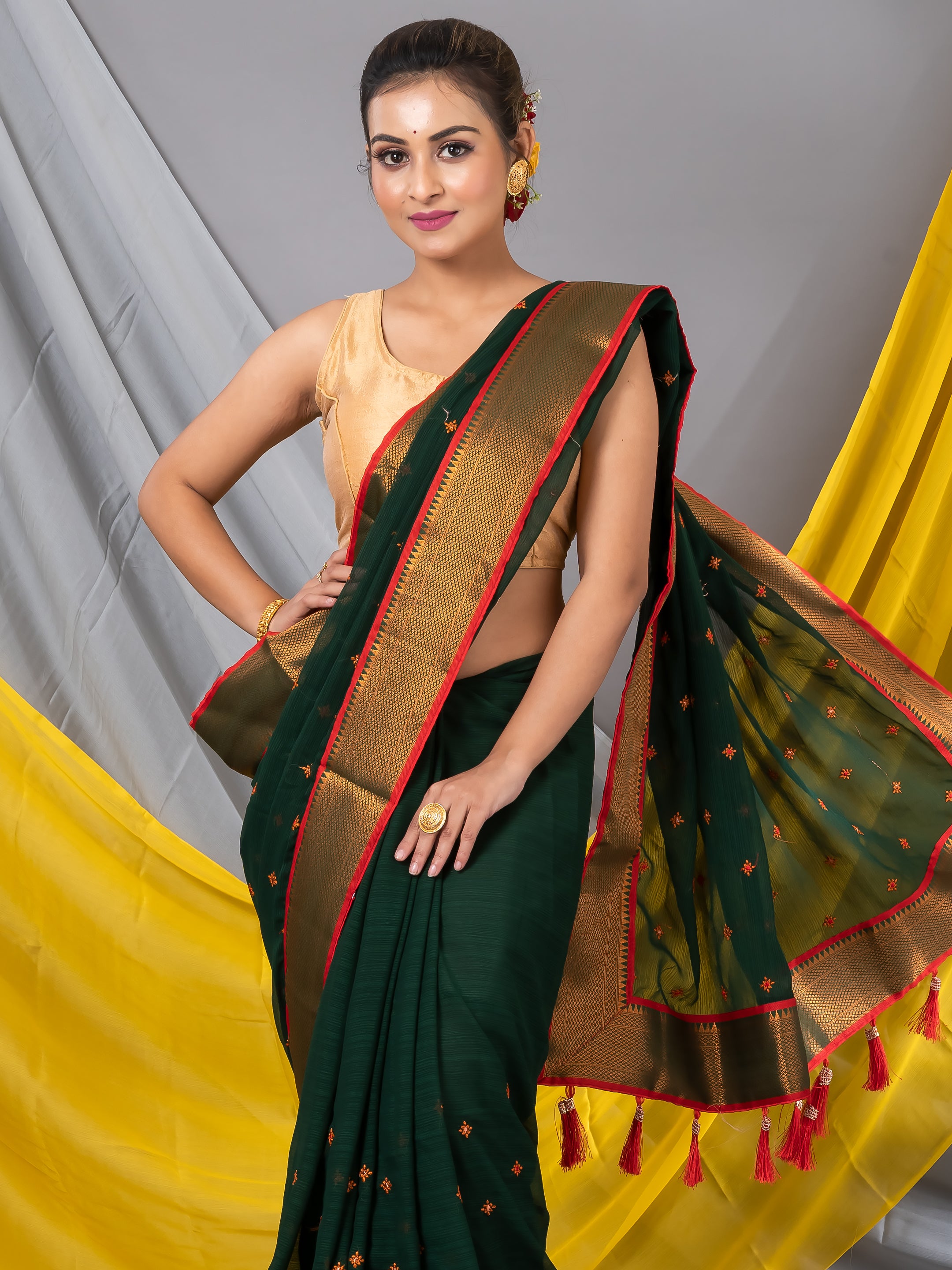 Dark Green Floral Georgette Mahalasa Saree With Fancy Border