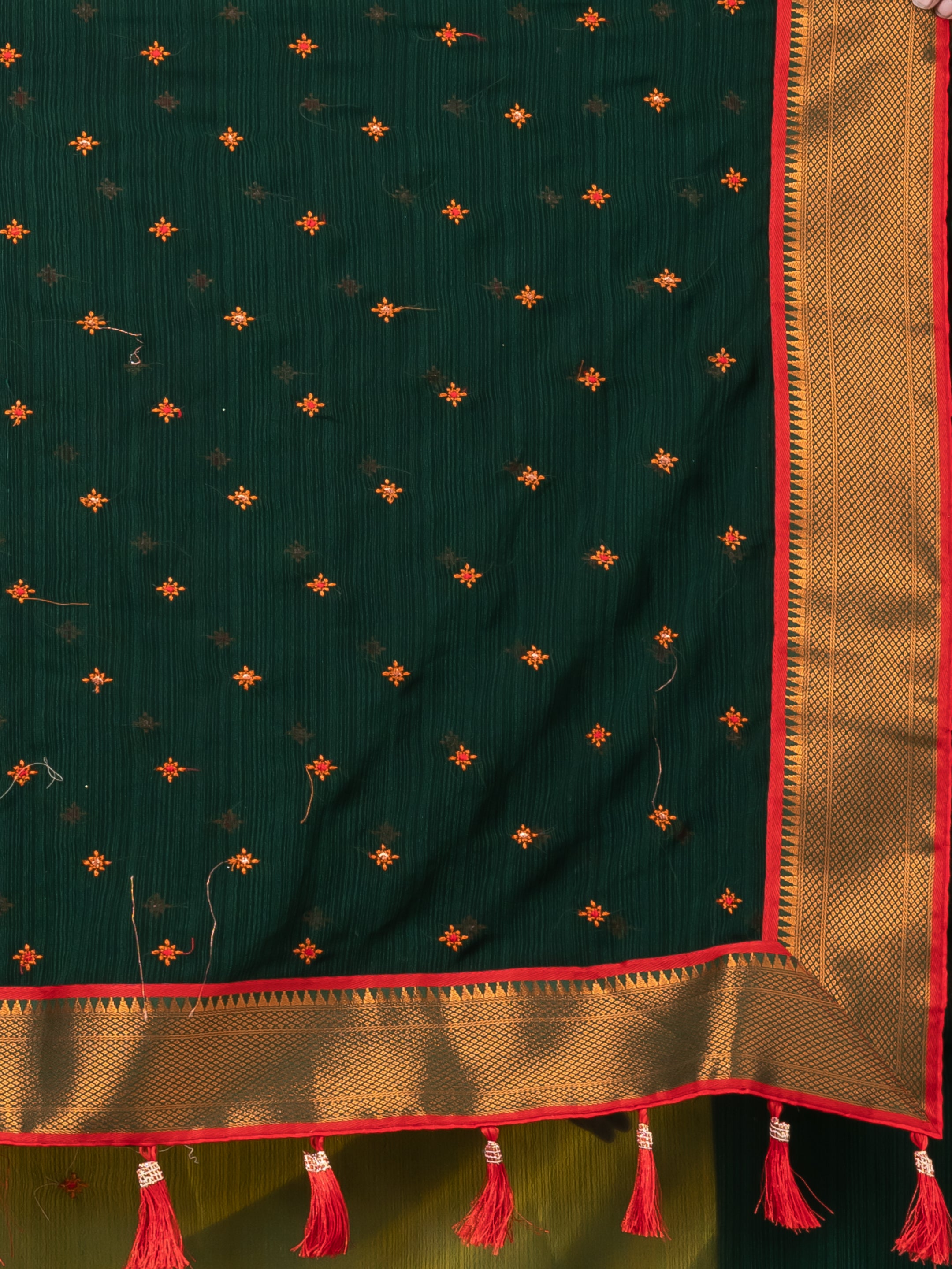 Dark Green Floral Georgette Mahalasa Saree With Fancy Border