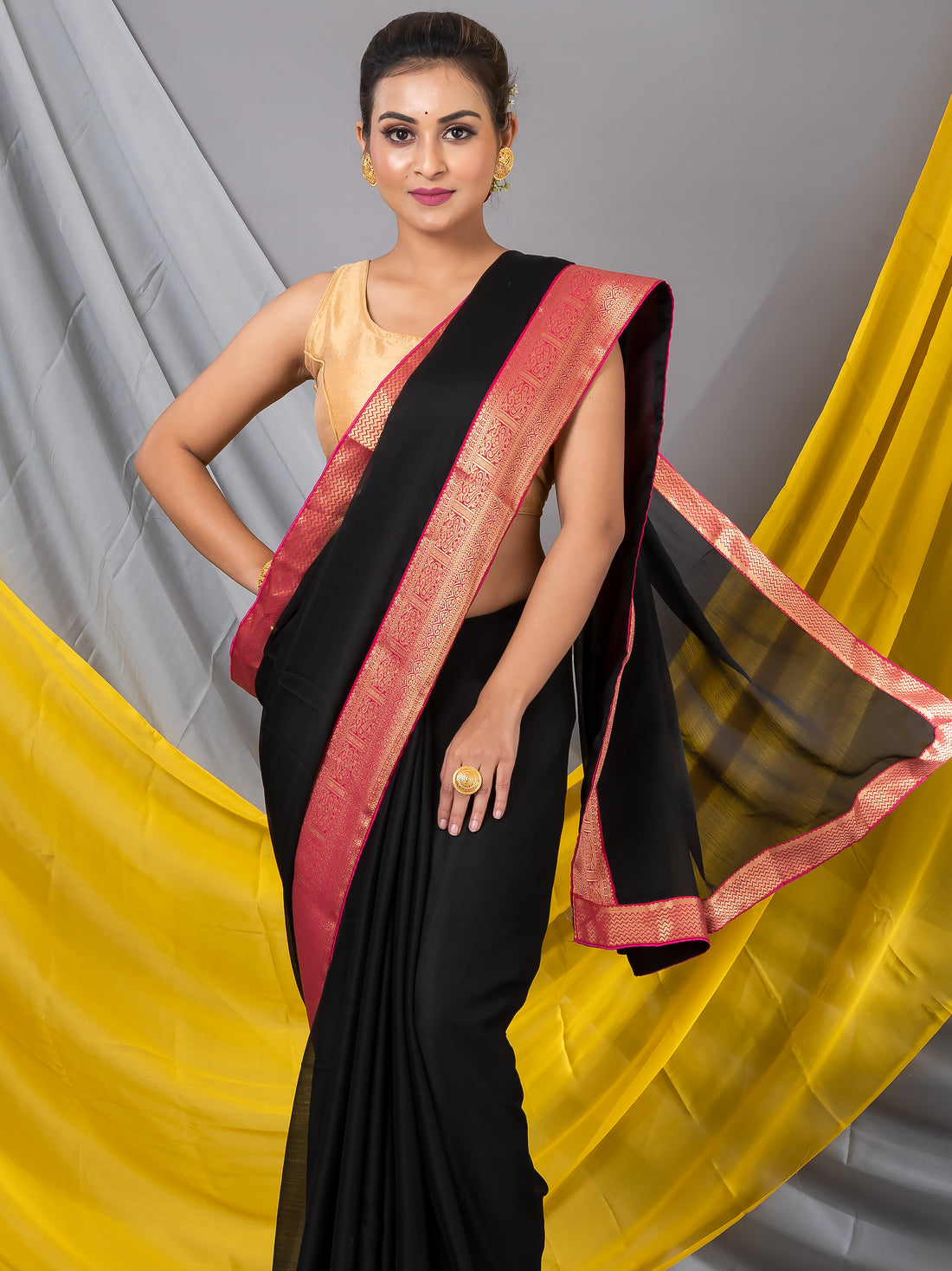 Black Solid Georgette Saree With Banarasi Border Mahalasa Designer Saree