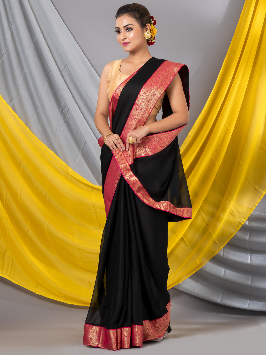 Black Solid Georgette Saree With Banarasi Border Mahalasa Designer Saree