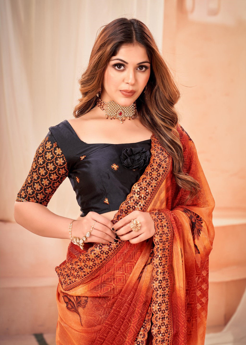 Orange Floral Dola Silk Solid Mahalasa Saree With Designer Lece Border