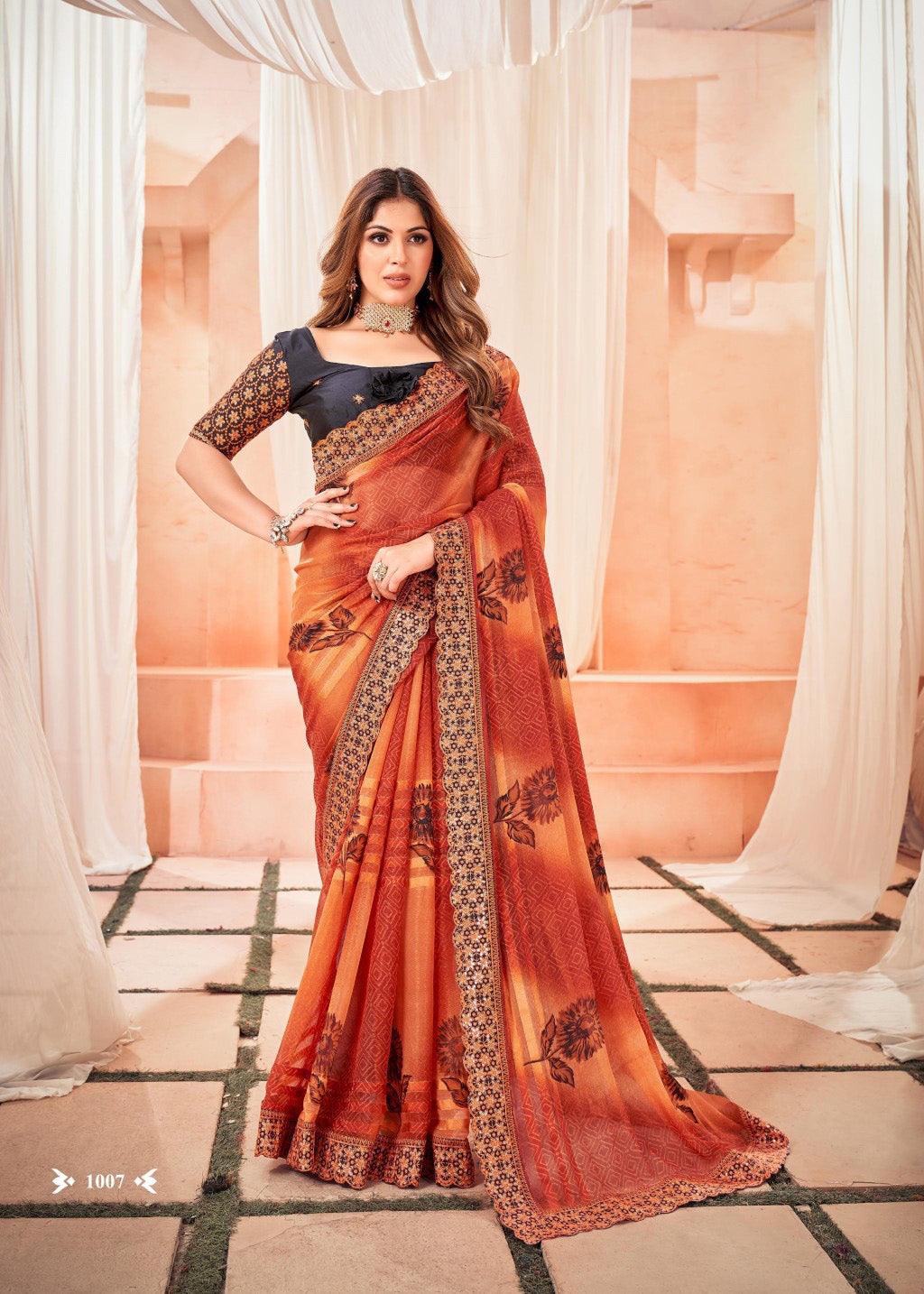 Orange Floral Dola Silk Solid Mahalasa Saree With Designer Lece Border