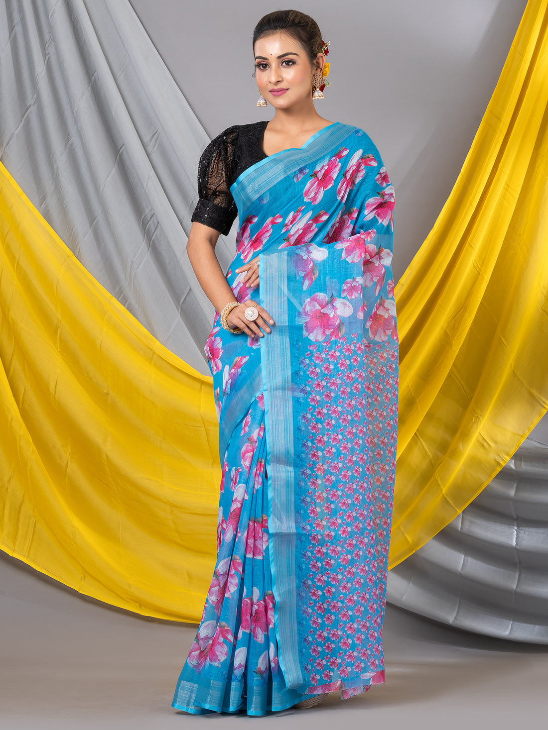 Sky Blue Digital Floral Print Saree