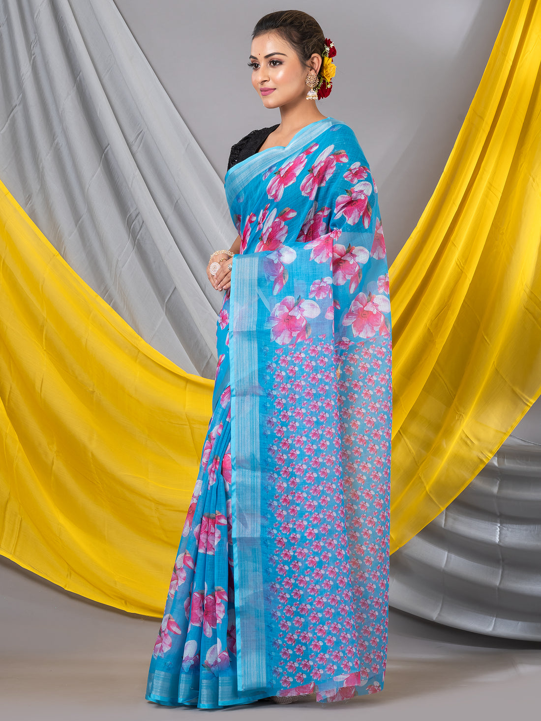 Sky Blue Digital Floral Print Saree