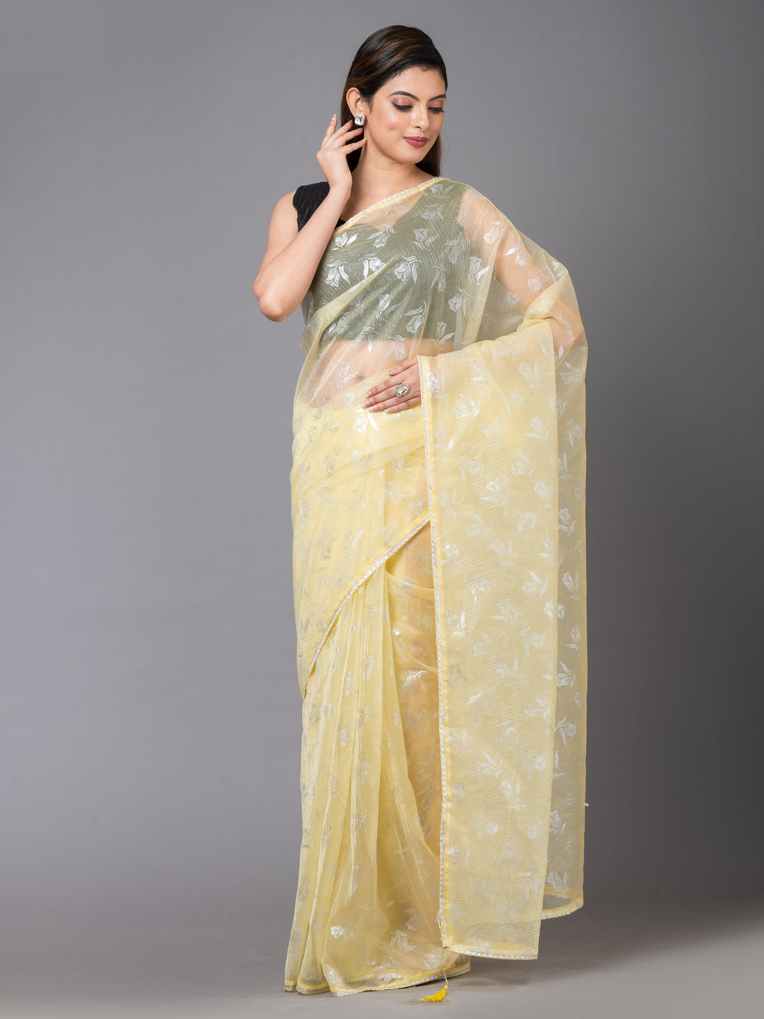 Fruit Yellow Floral Chiffon Designer Mahalasa Saree