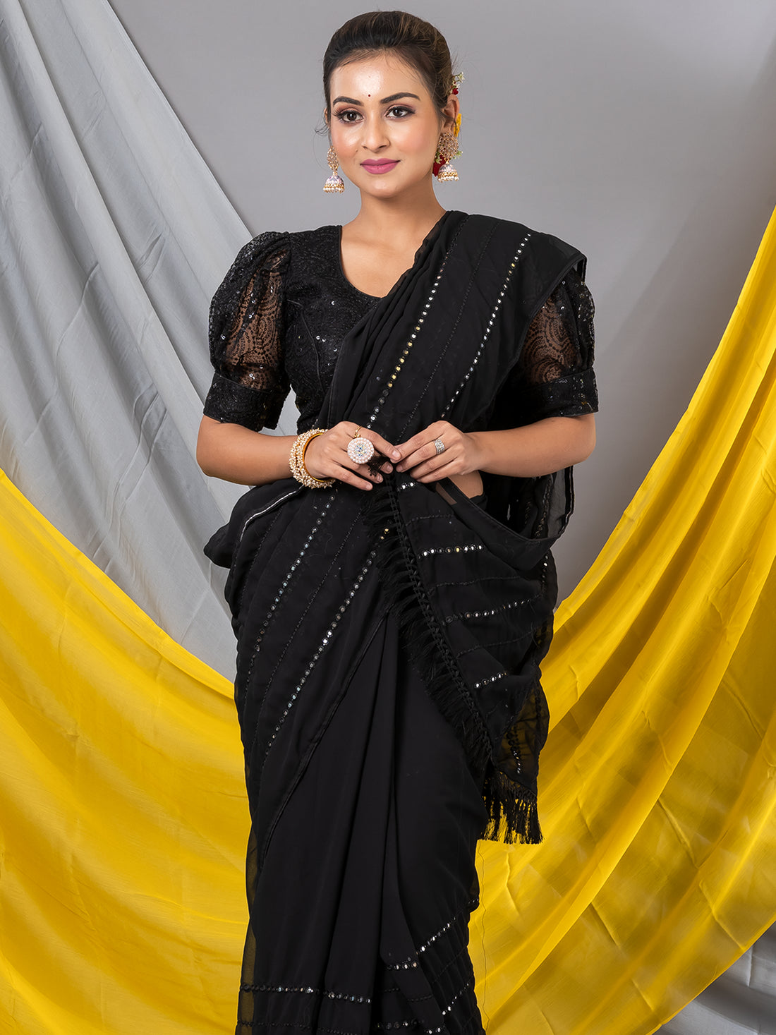 Metal Black Mirror Work without border Georgette Mahalasa Saree