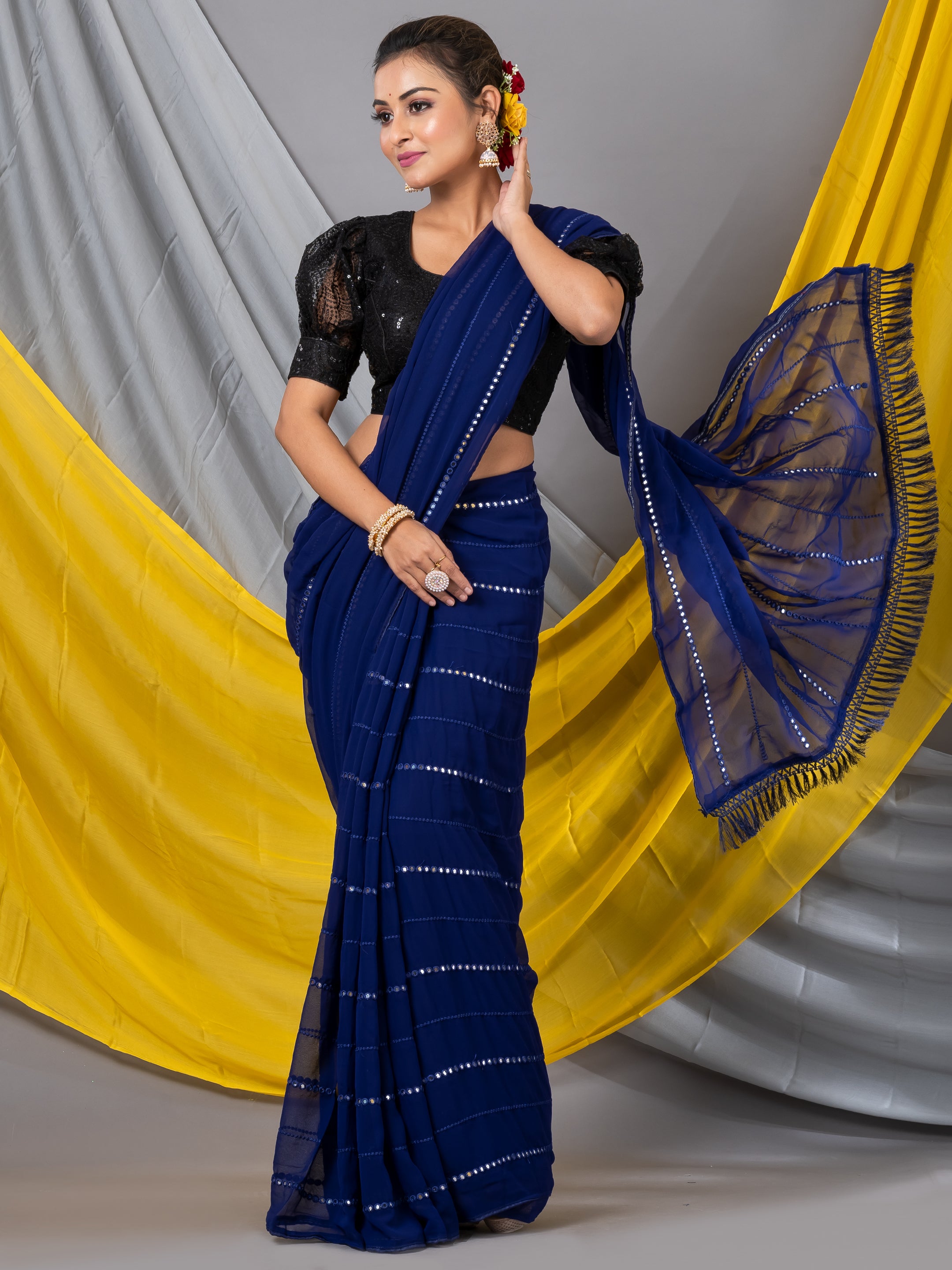 Aurica Women's Georgette Pleating Saree With Blouse Piece (Blue) –  KurtaKart ™