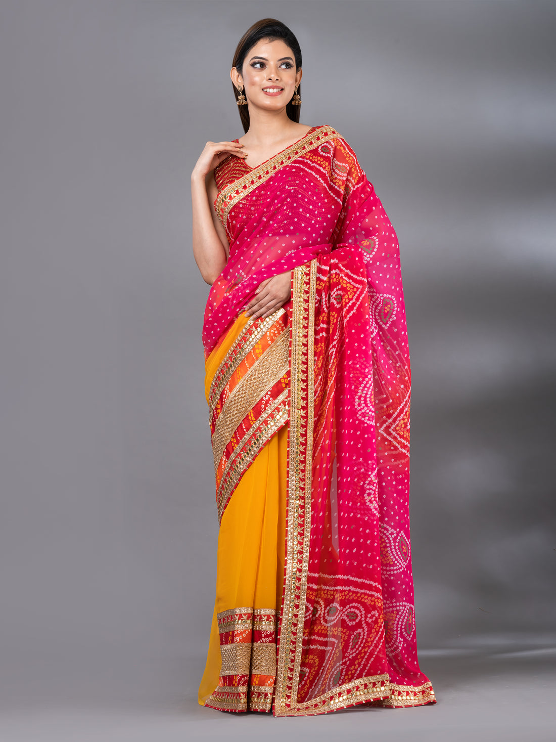 Pink Moss Chiffon Bandhani Print Saree