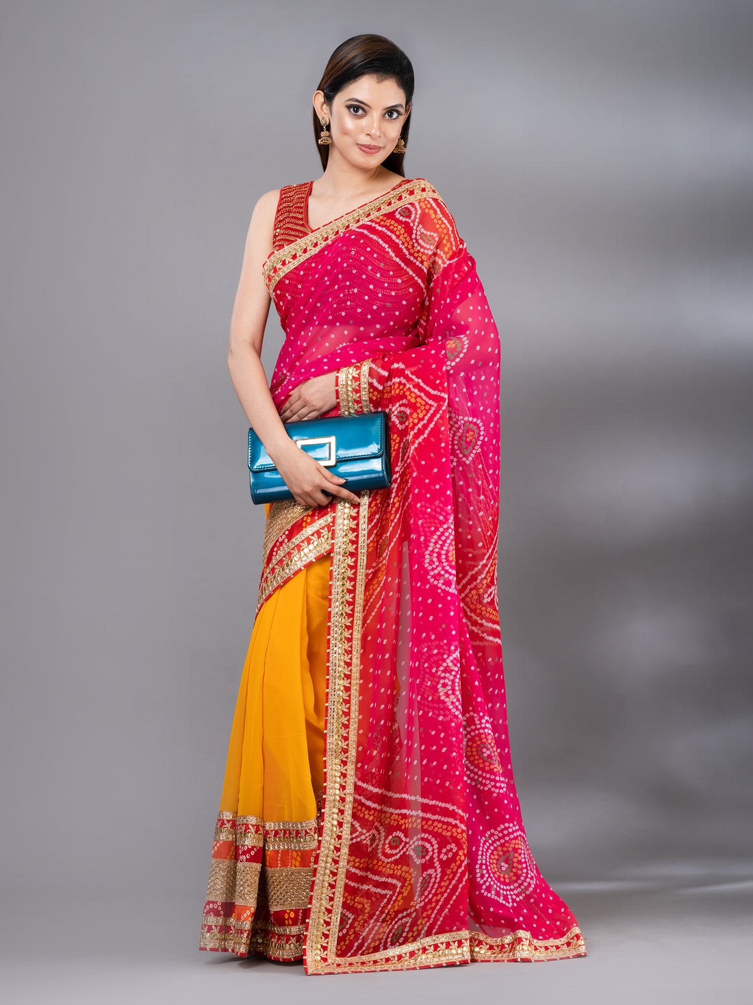 Pink Moss Chiffon Bandhani Print Saree