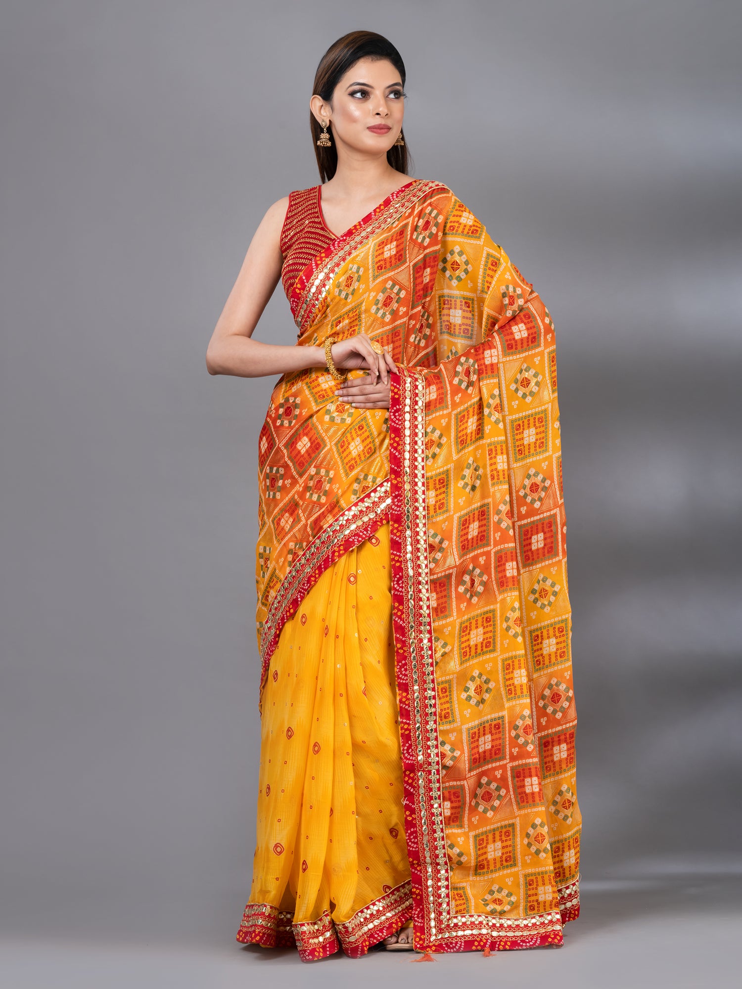 Red Bandhej Printed Festive Chiffon Saree