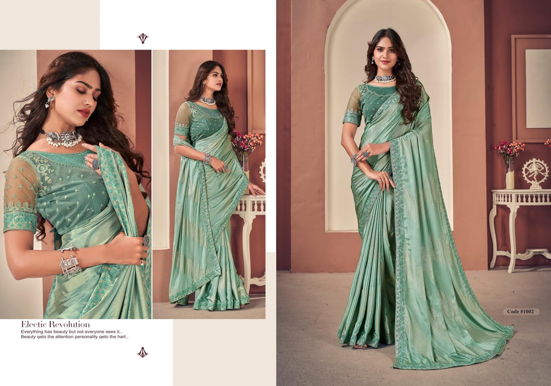 Teal Embellished Satin Fabric Mahalasa Designer Saree With Embellished Border