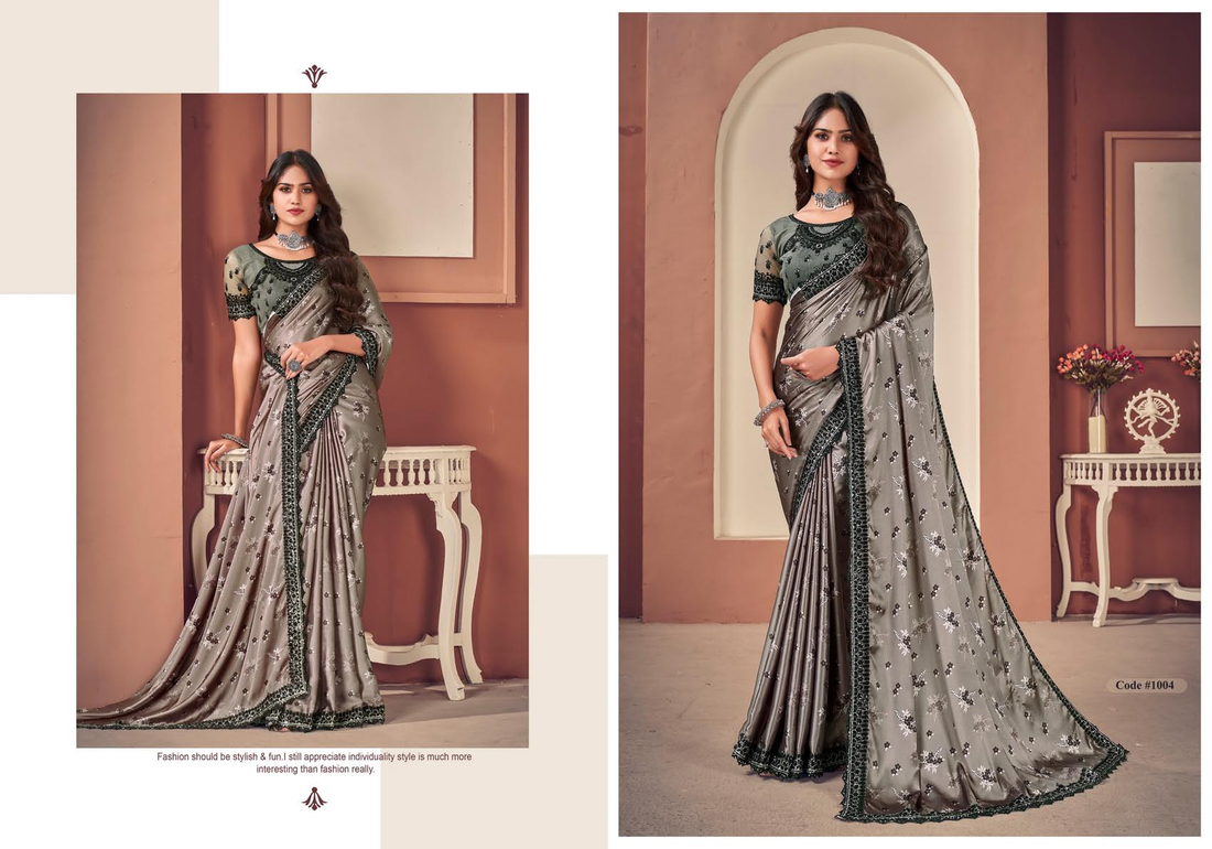 Grey Floral Embellished Satin Designer Mahalasa Saree