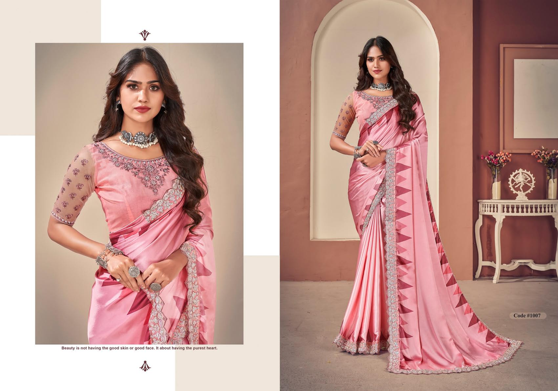 Pink Geometric Print Satin Silk Mahalasa Saree With Embellished Border