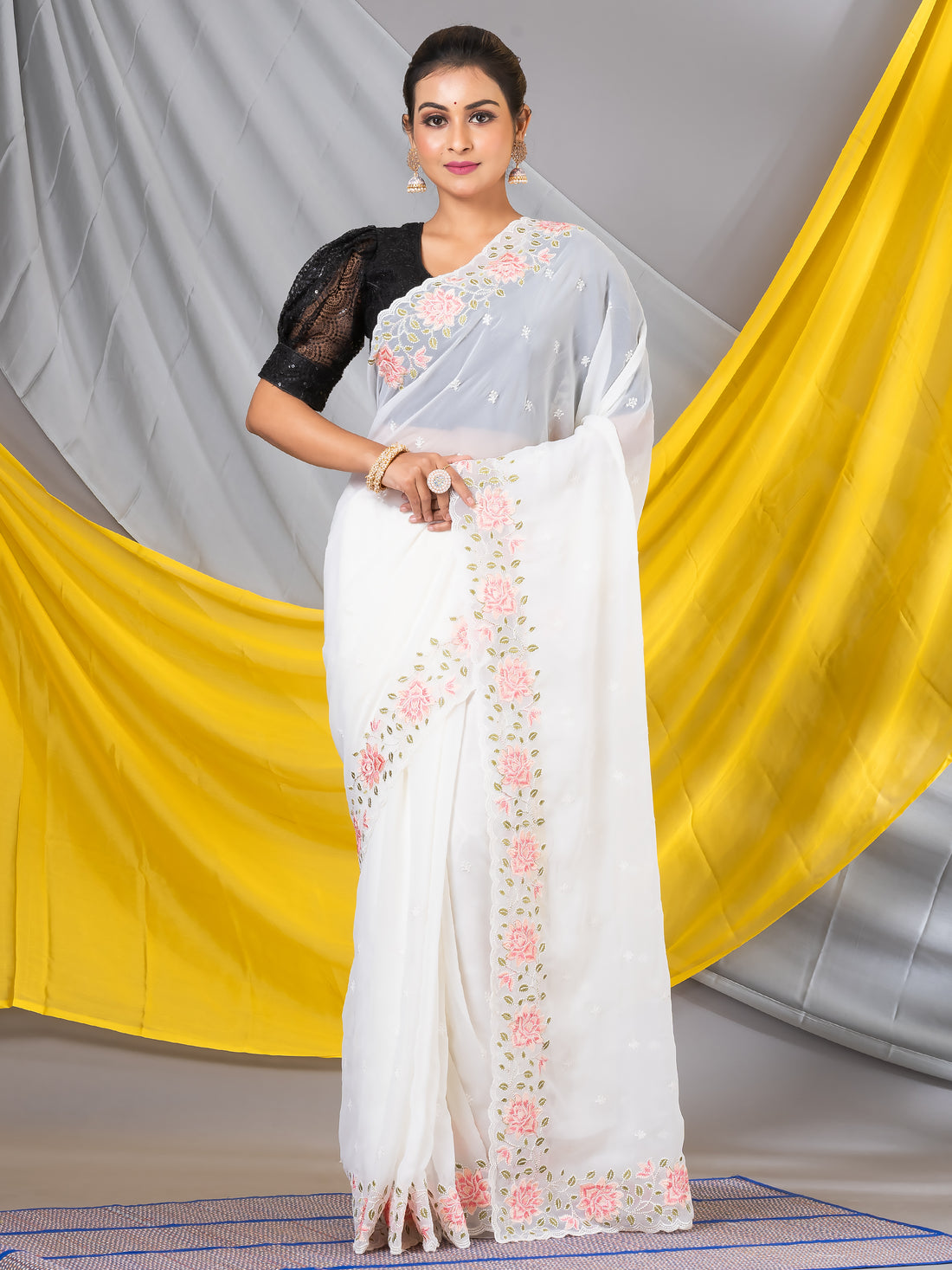 Rose Glod White Sequins Georgette Designer Saree