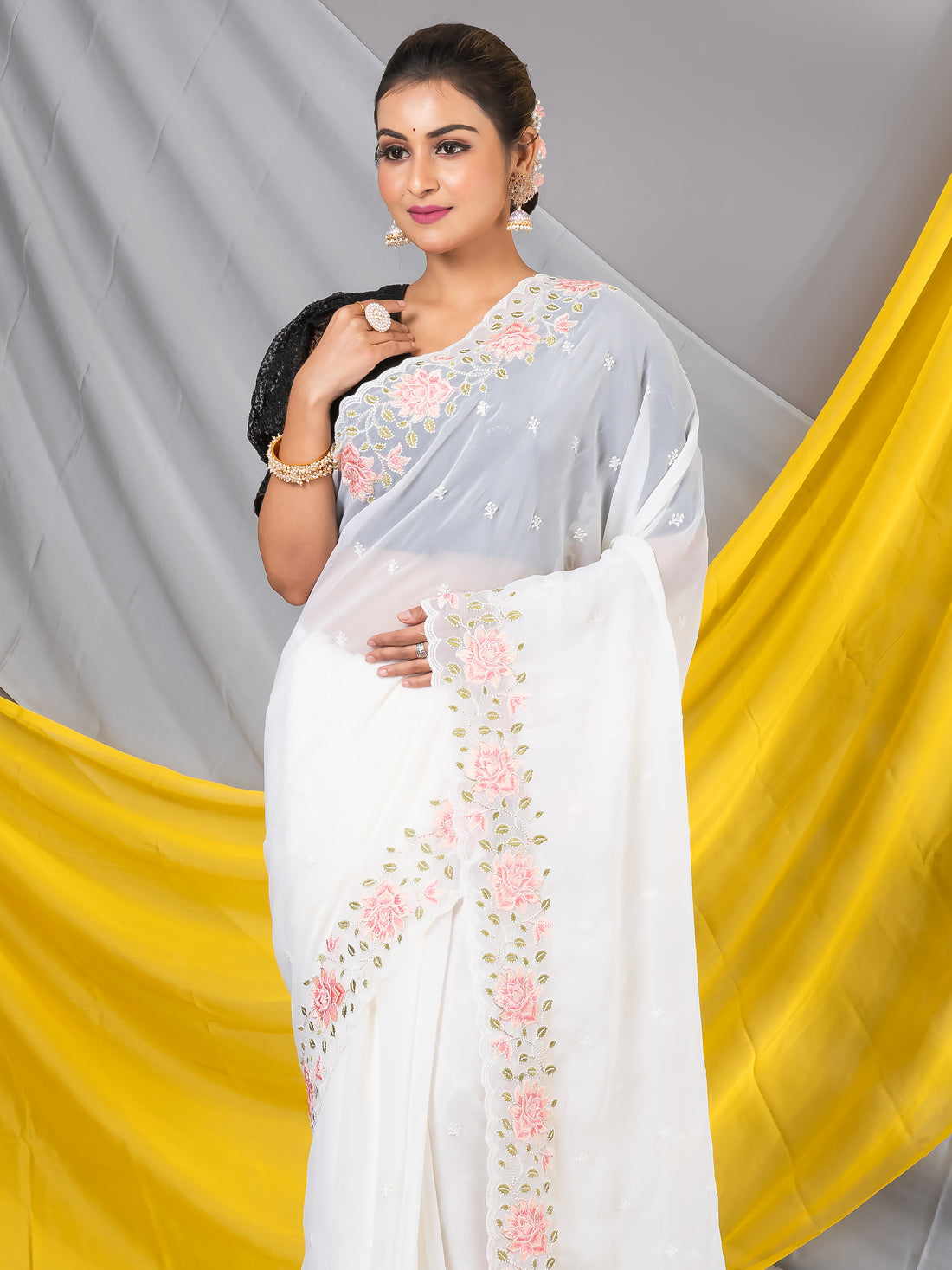 Rose Glod White Sequins Georgette Designer Saree