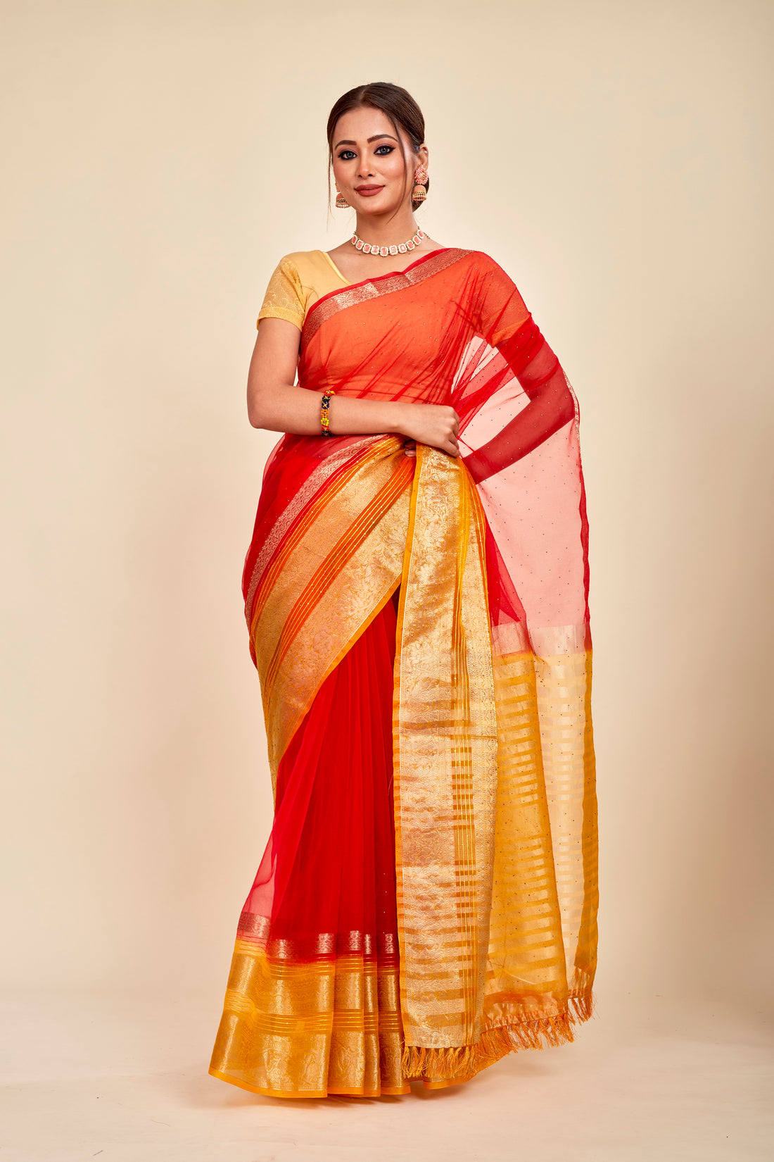 Red Casual Organza Designer Saree