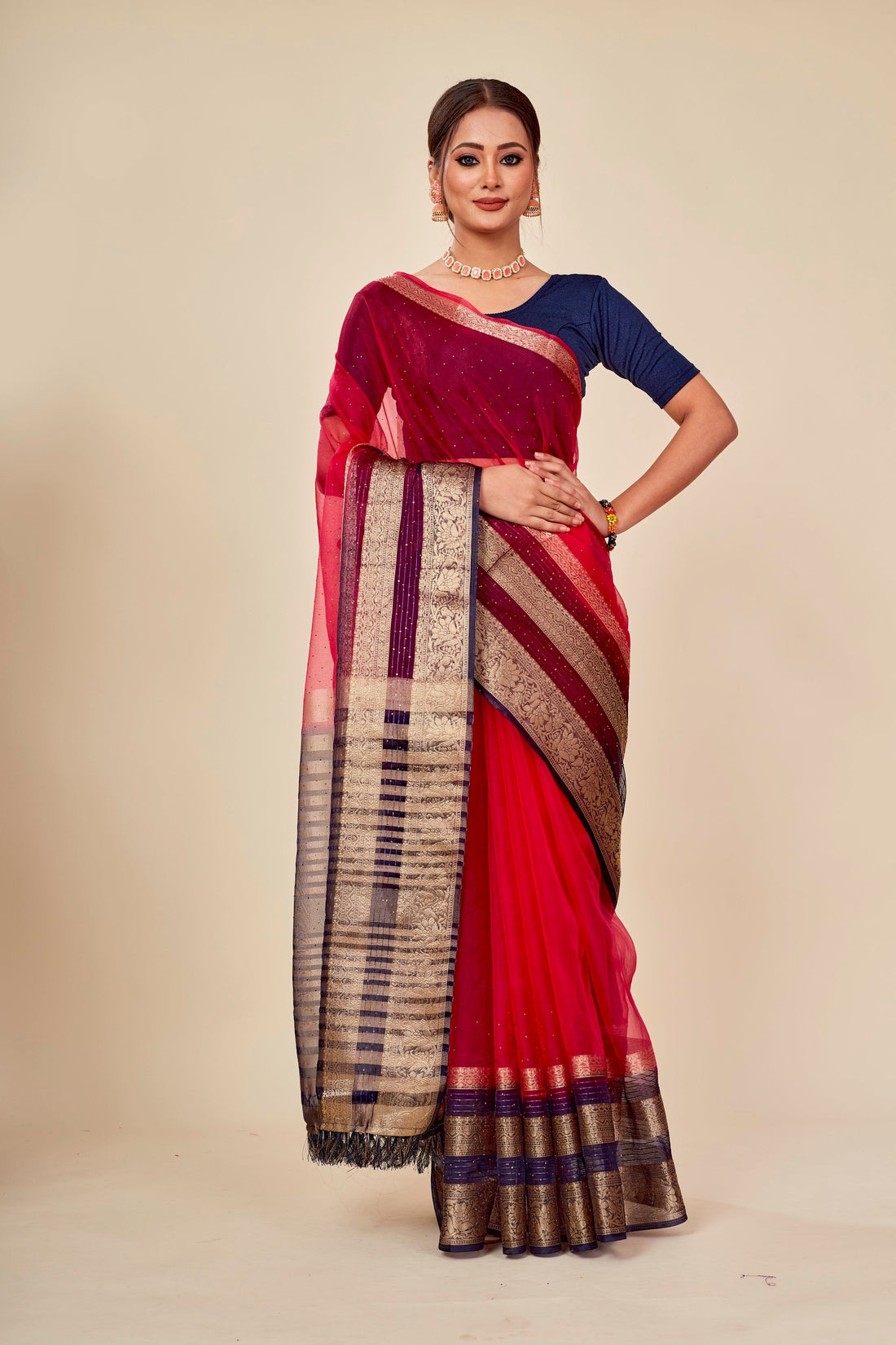 Red Casual  Organza Fancy Saree