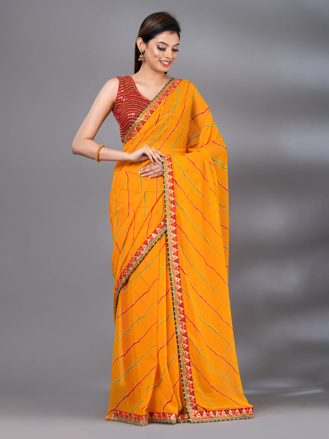 Moss Chiffon Yellow Party Wear Bandhani Print Mahalasa Saree