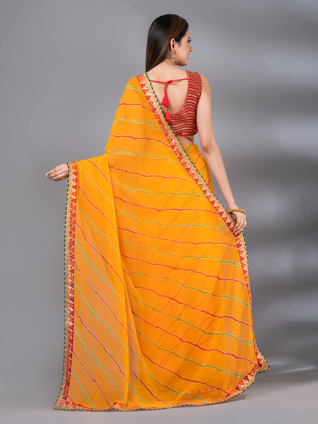 Moss Chiffon Yellow Party Wear Bandhani Print Mahalasa Saree