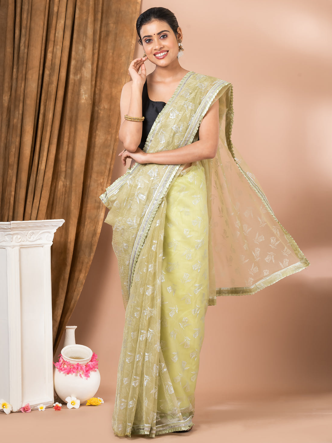 Light Pista Chiffon Floral Designer Mahalasa Saree