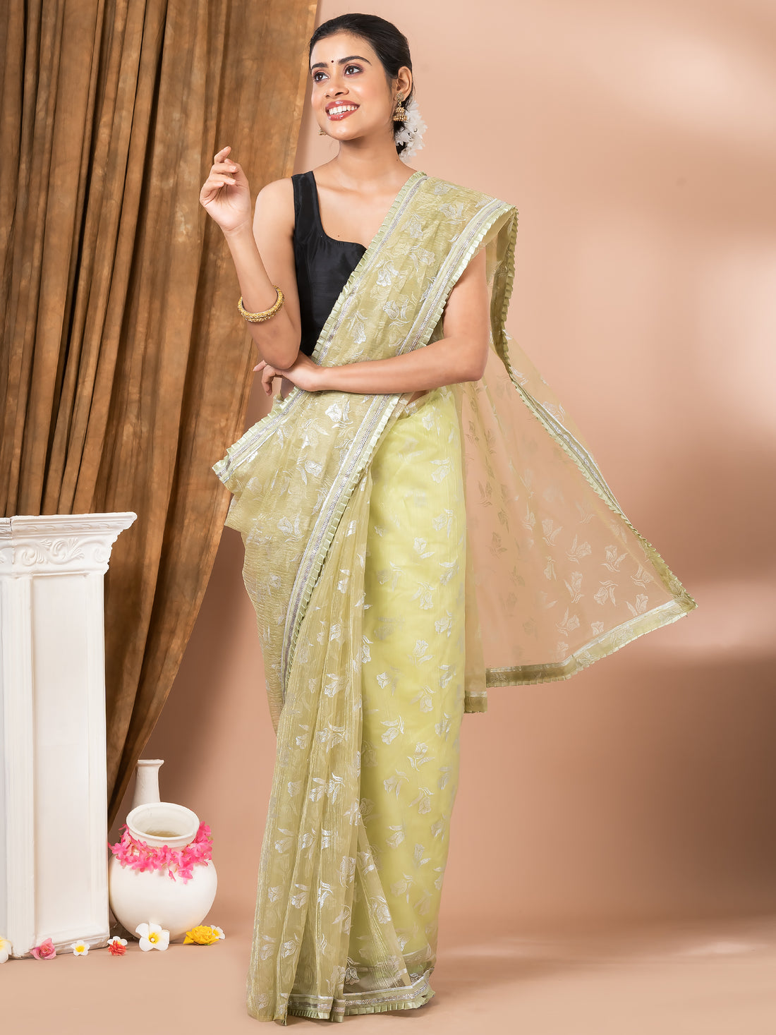 Light Pista Chiffon Floral Designer Mahalasa Saree