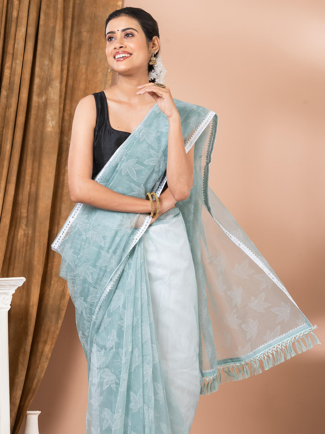 Light Sea Green Chiffon Floral Designer Mahalasa Saree