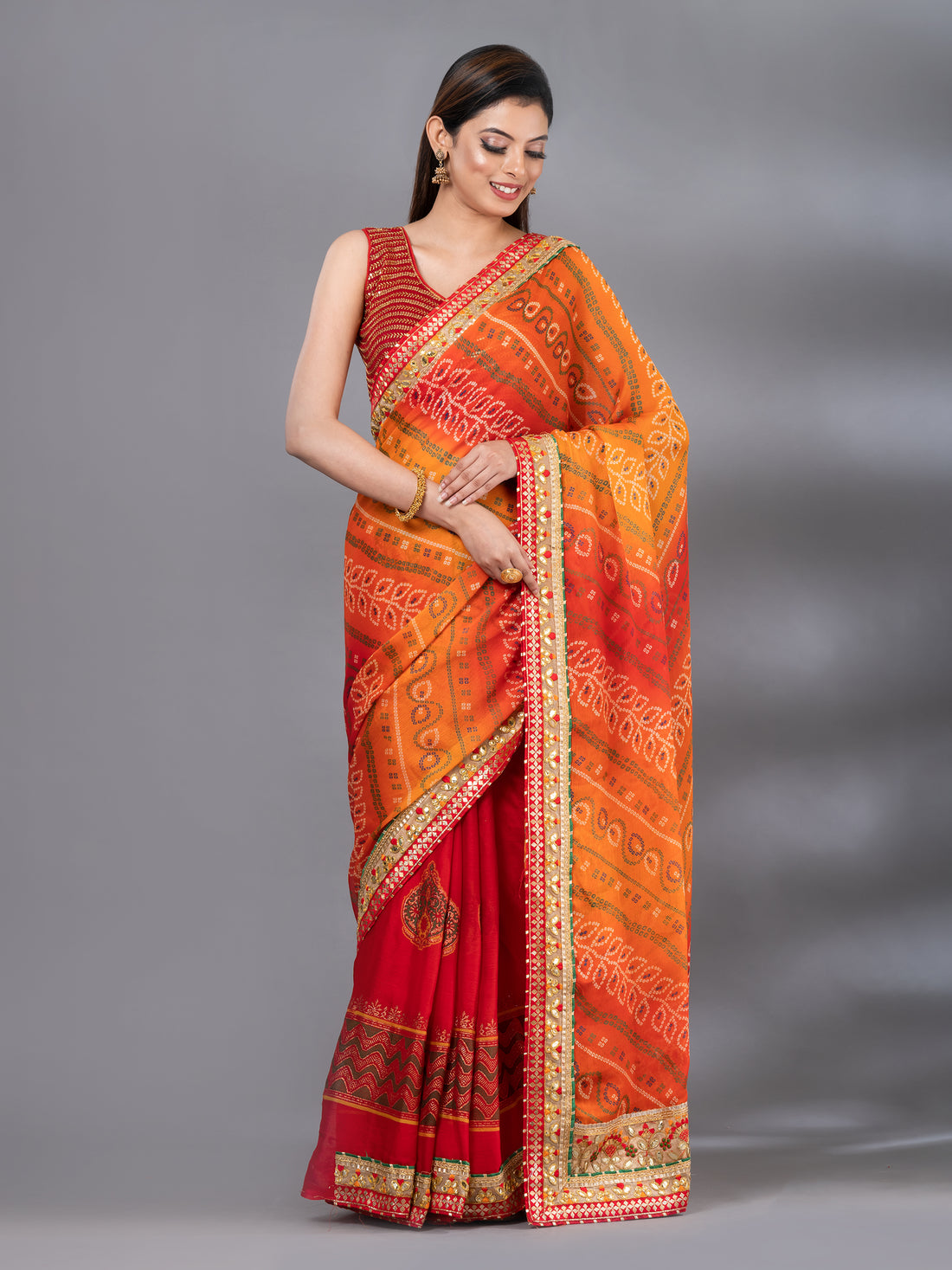 Red &amp; Orange Moss Chiffon Bandhani Print Saree