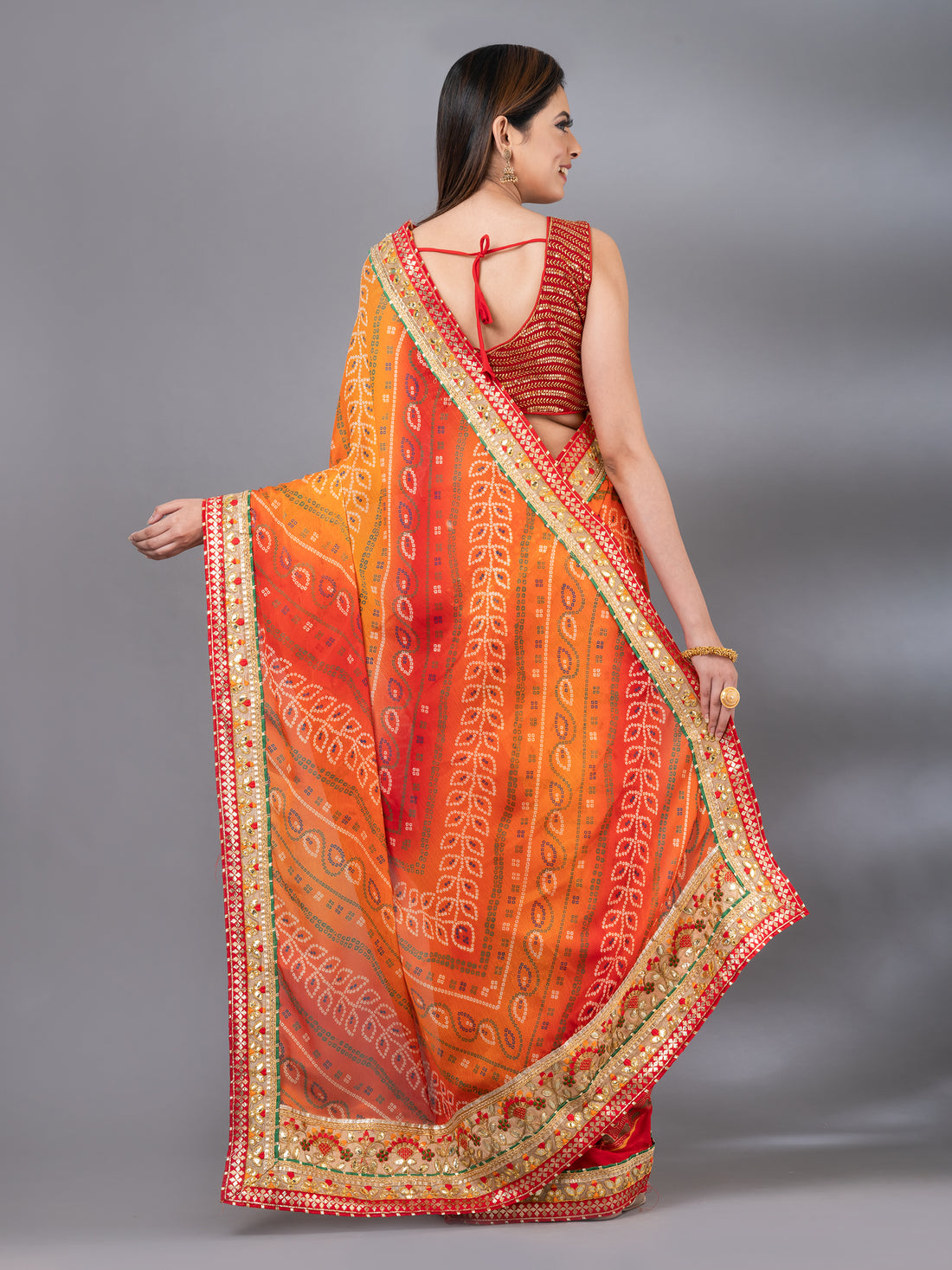 Red &amp; Orange Moss Chiffon Bandhani Print Saree