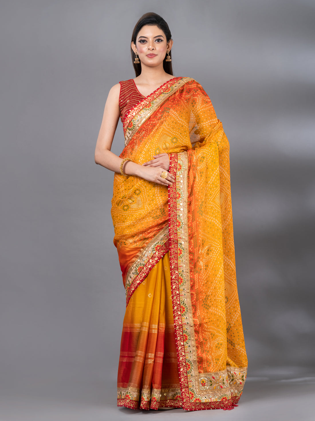 Mustard Moss Chiffon Bandhani Print Saree