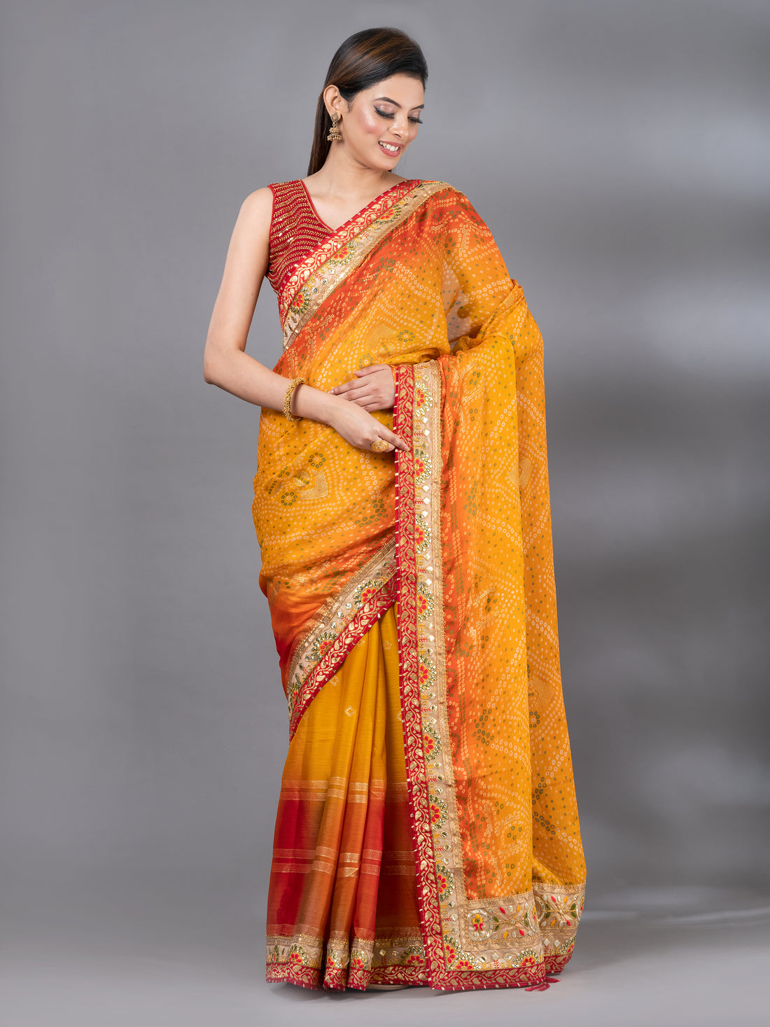 Mustard Moss Chiffon Bandhani Print Saree