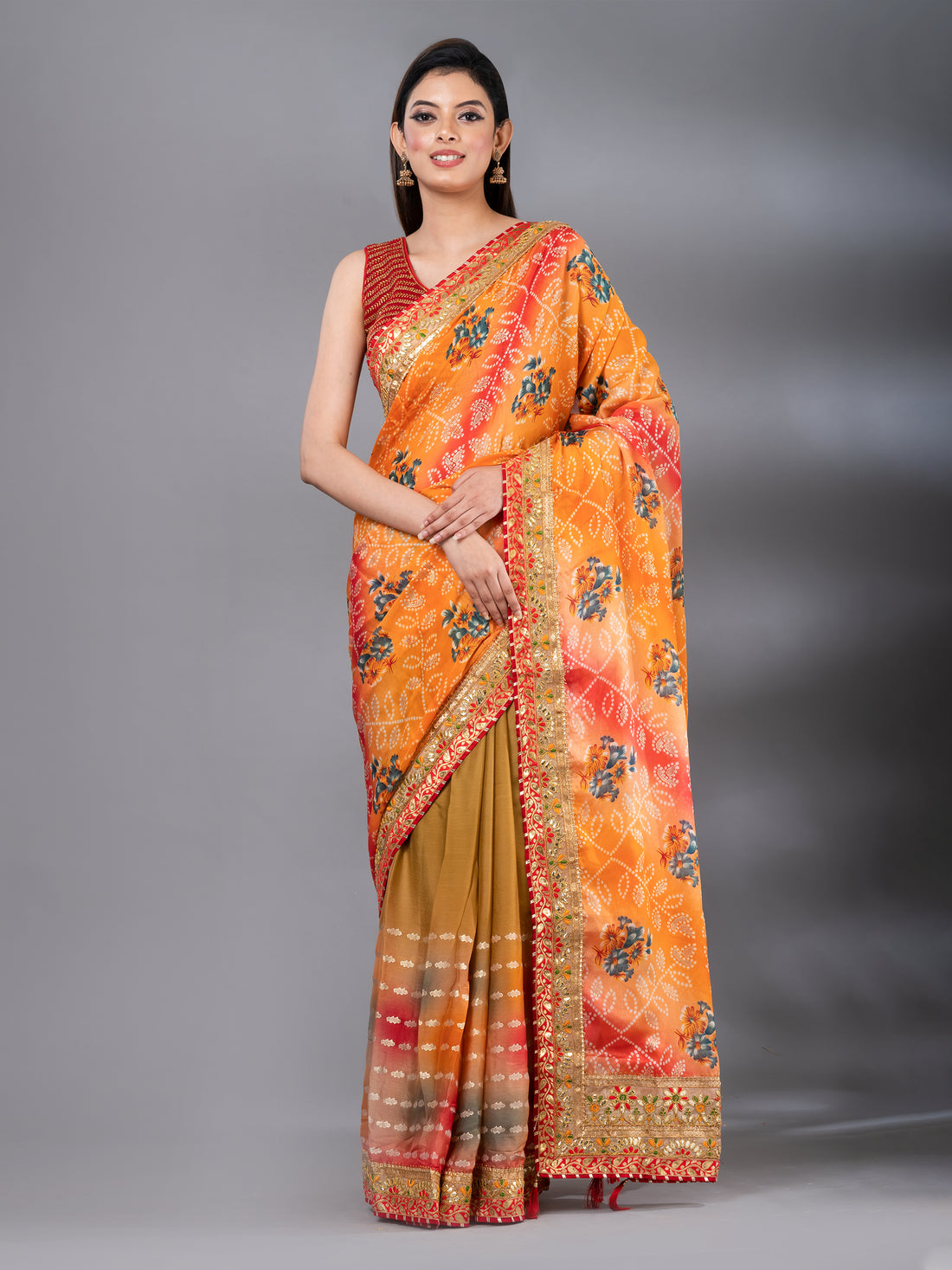 Orange Mauve Festive Linen Blend Printed Mahalasa Saree