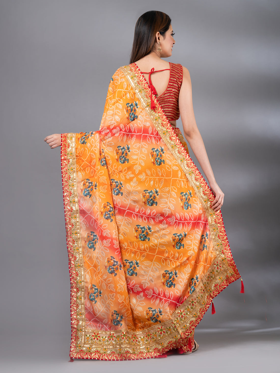 Orange Mauve Festive Linen Blend Printed Mahalasa Saree