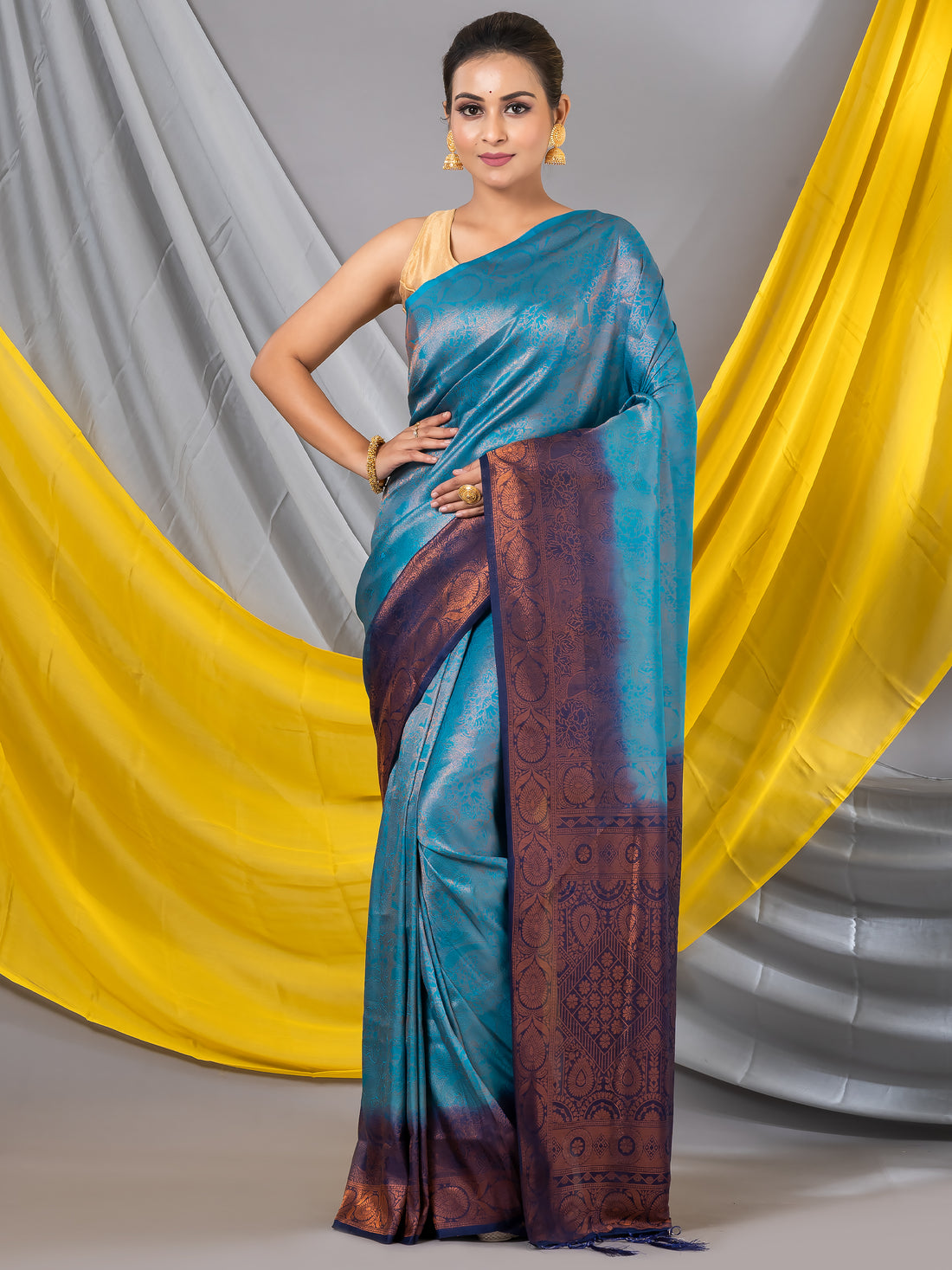 Aqua Banarasi Mahalasa Saree - contrast Ink blue pallu