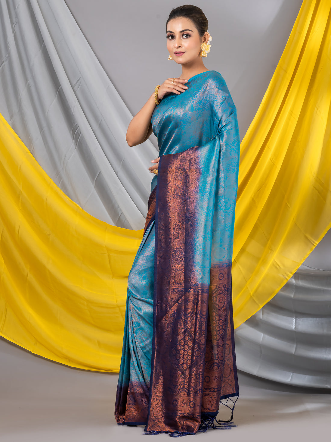 Aqua Banarasi Mahalasa Saree - contrast Ink blue pallu