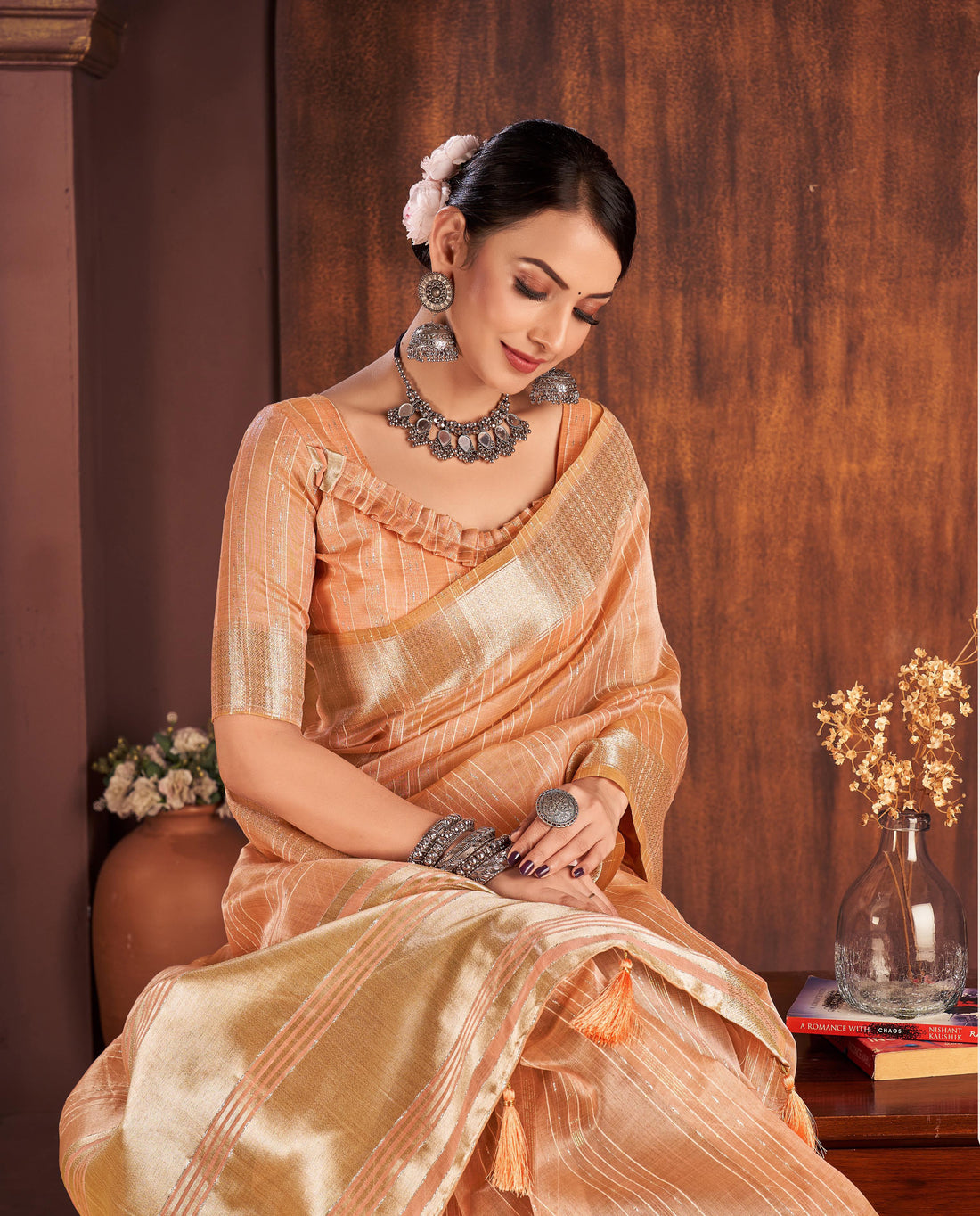 Orange Party Wear Saree Chiffon Woven Pattern Mahalasa Saree