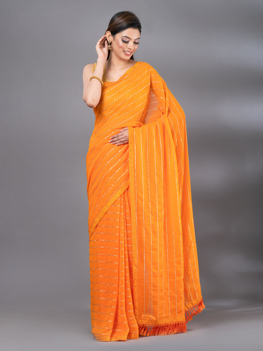 Orange Casual Chiffon Zari Stripes  Designer Mahalasa  Saree