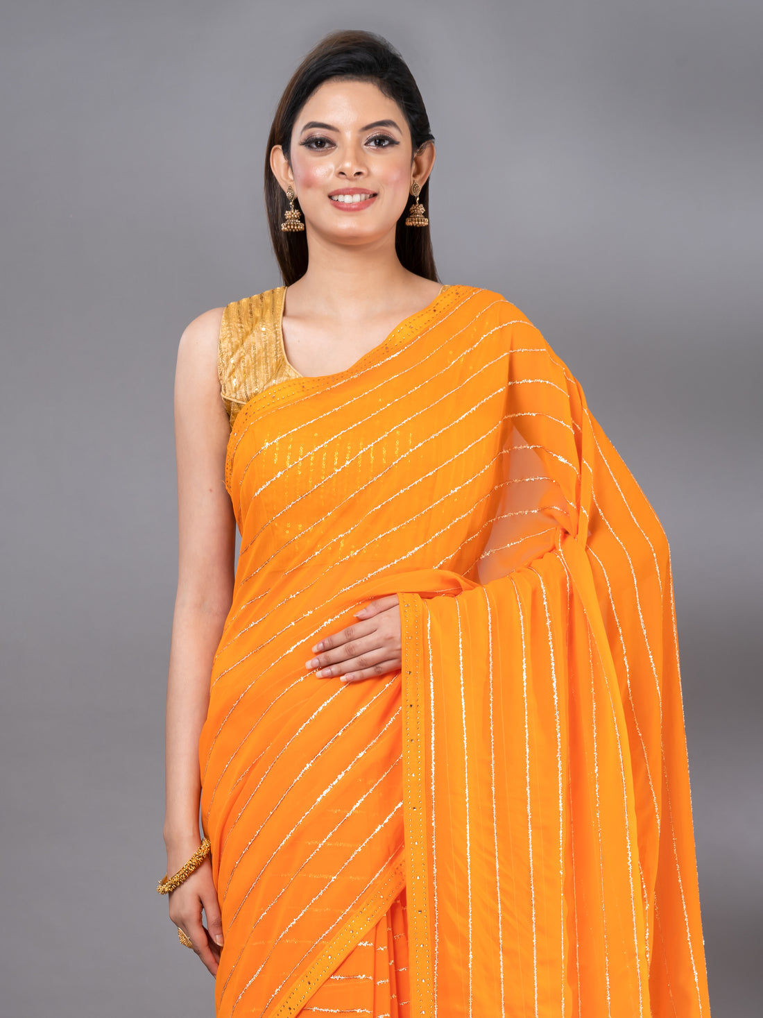 Orange Casual Chiffon Zari Stripes  Designer Mahalasa  Saree