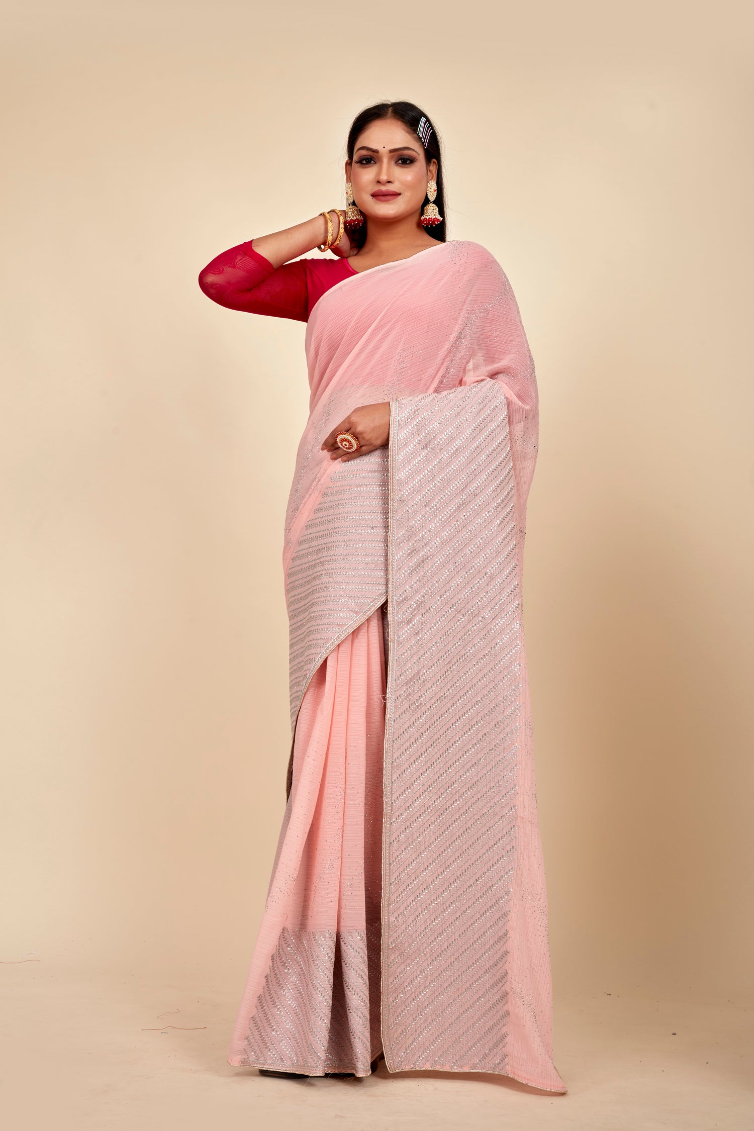 Coral Pink Thread Work Georgette Designer Mahalasa Saree