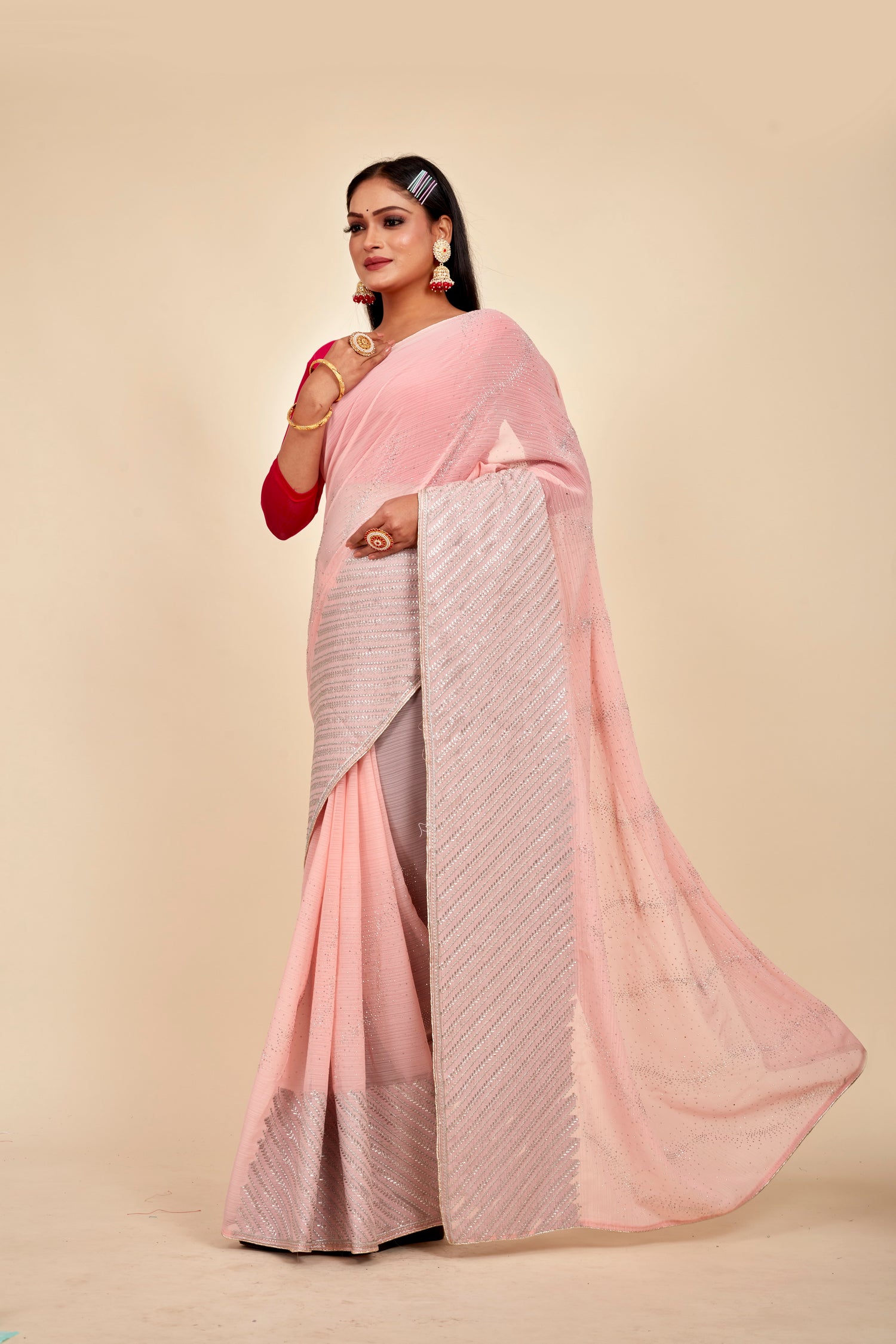 Coral Pink Thread Work Georgette Designer Mahalasa Saree